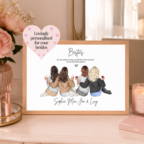 Personalised best friend print featuring four besties with custom hairstyles, outfits and names. A meaningful friendship gift.