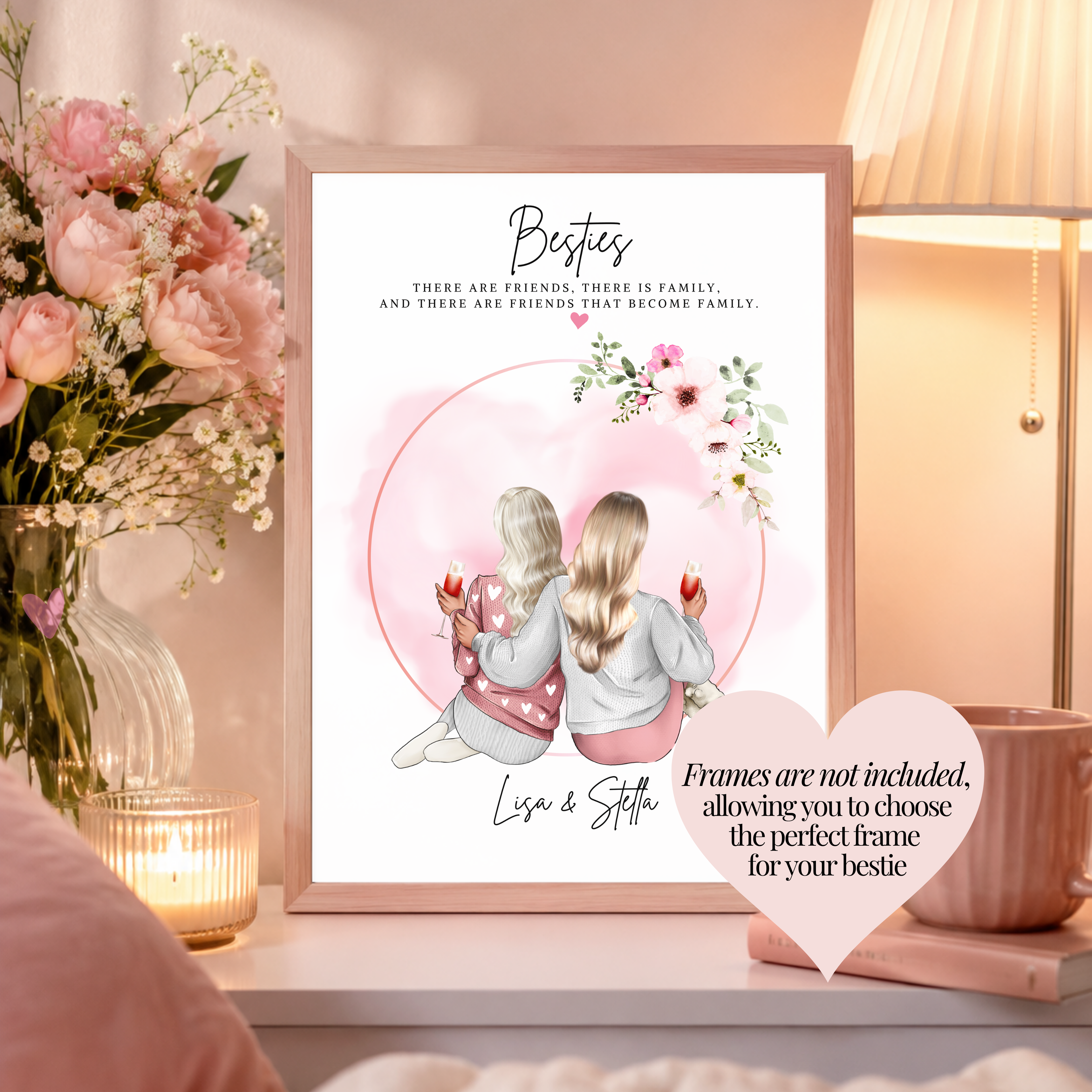 Personalised best friend print shown in a stylish frame for inspiration, frames are not included. Gift for best friend.