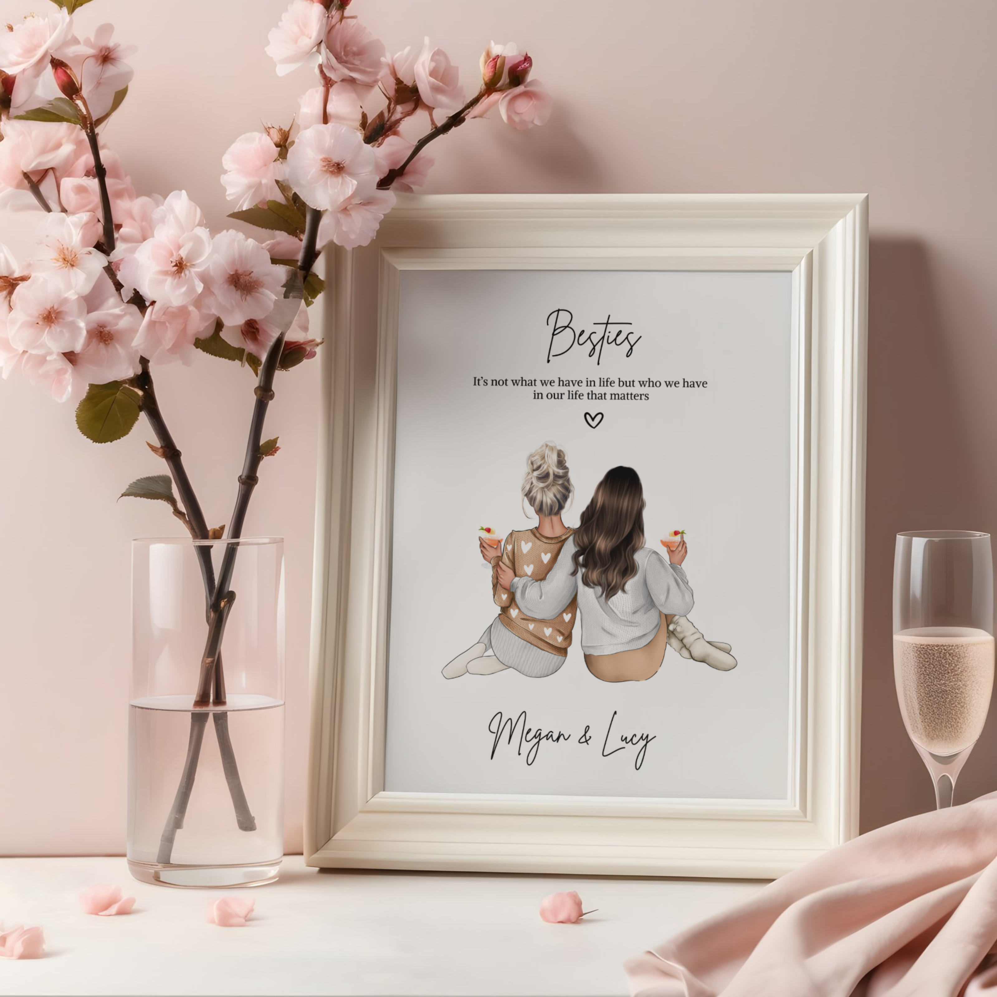 Personalised besties print featuring two besties with custom hairstyles, outfits and drinks. Custom best friend gift.