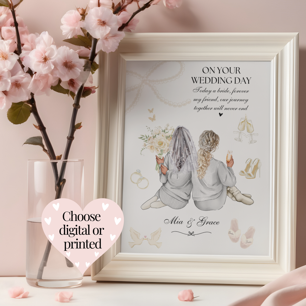 Personalised bridal party print featuring one bride and one bridesmaid. Available as a digital download or professionally printed keepsake.