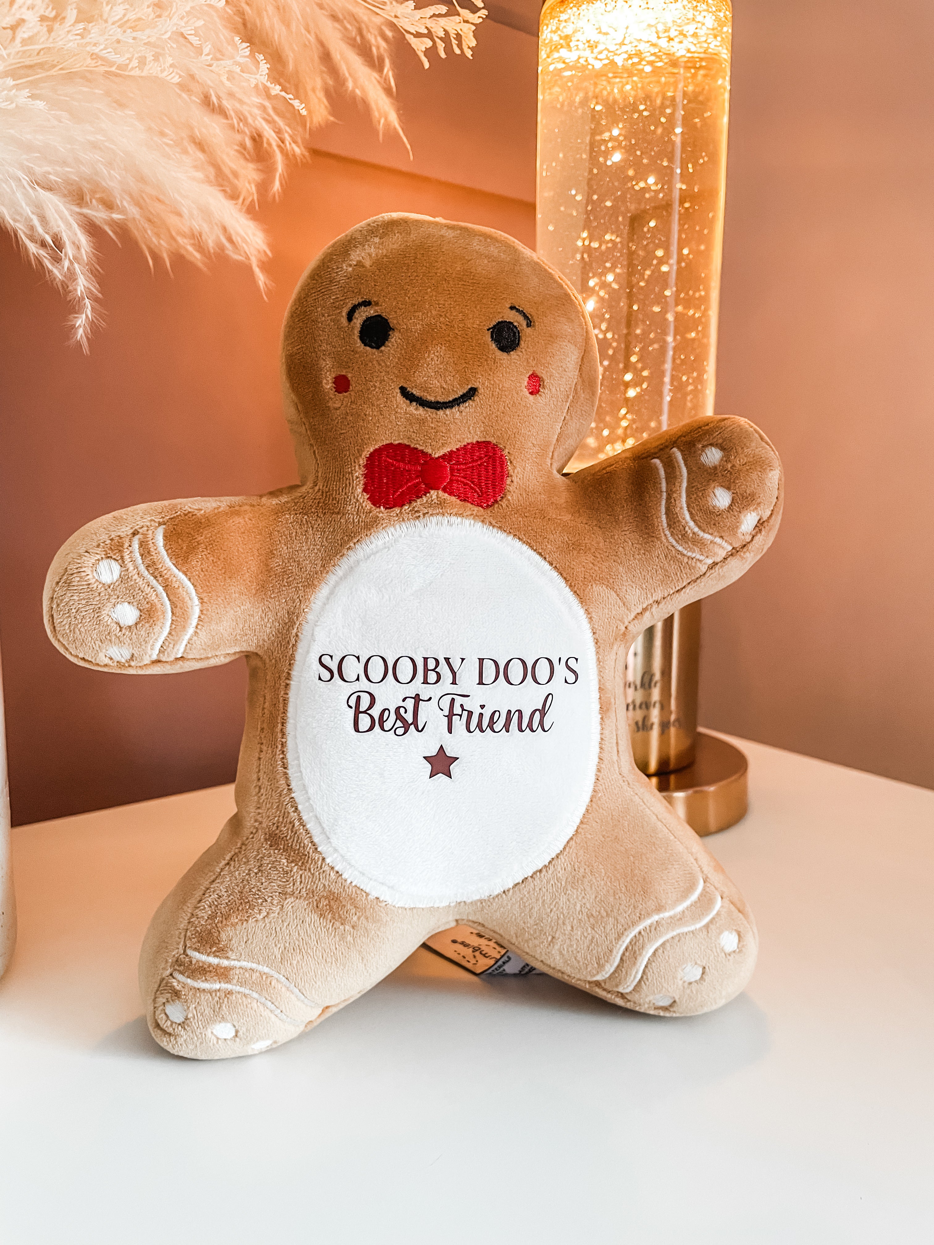 Personalised gingerbread Christmas dog toy personalised with dog's name in a cosy festive home. Personalised Christmas gift for dogs.