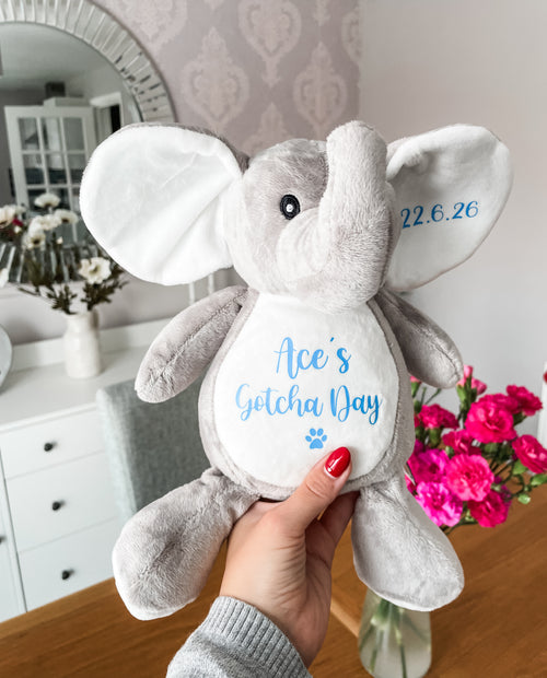 Personalised elephant Gotcha Day toy customised with a dog's name and Gotcha Day date, thoughtful adoption gift.