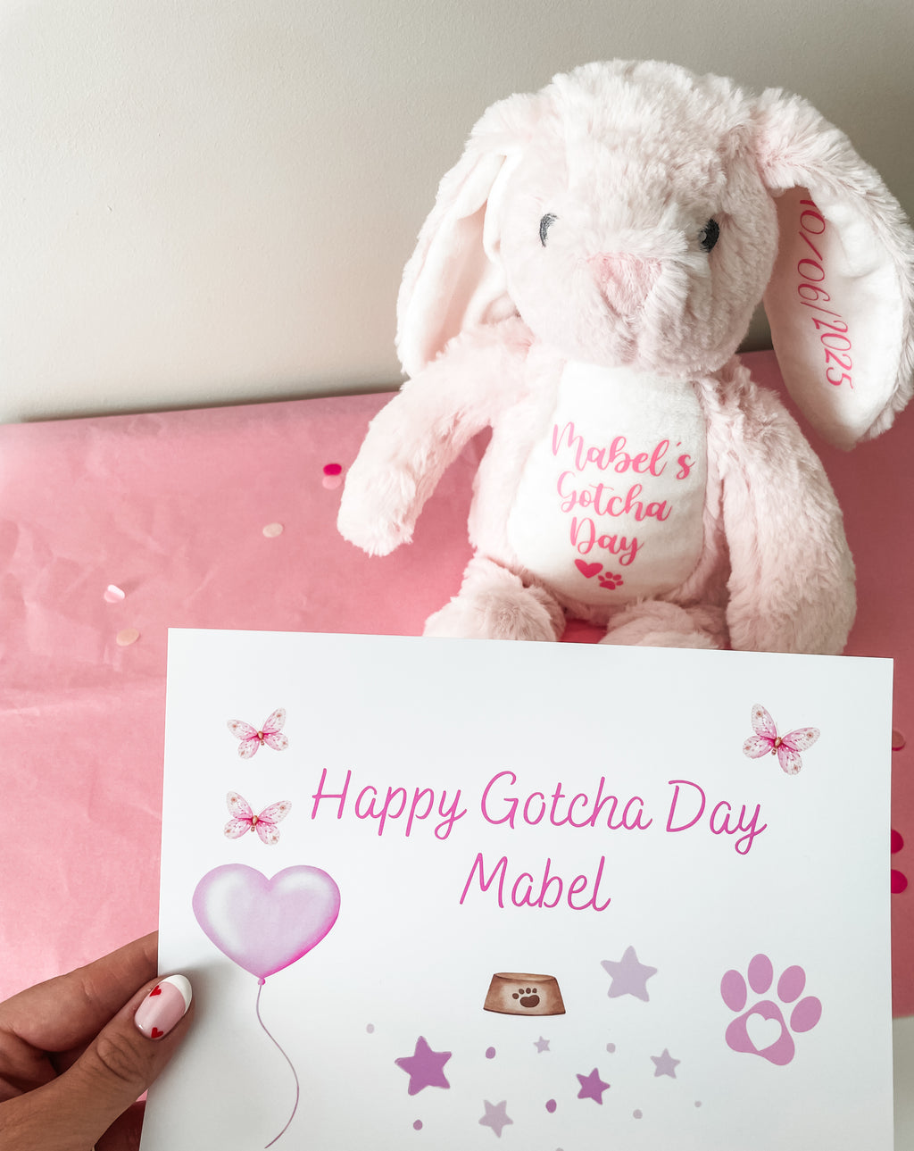 Personalised plush dog toy with "Happy Gotcha Day" message and custom gift wrapping.