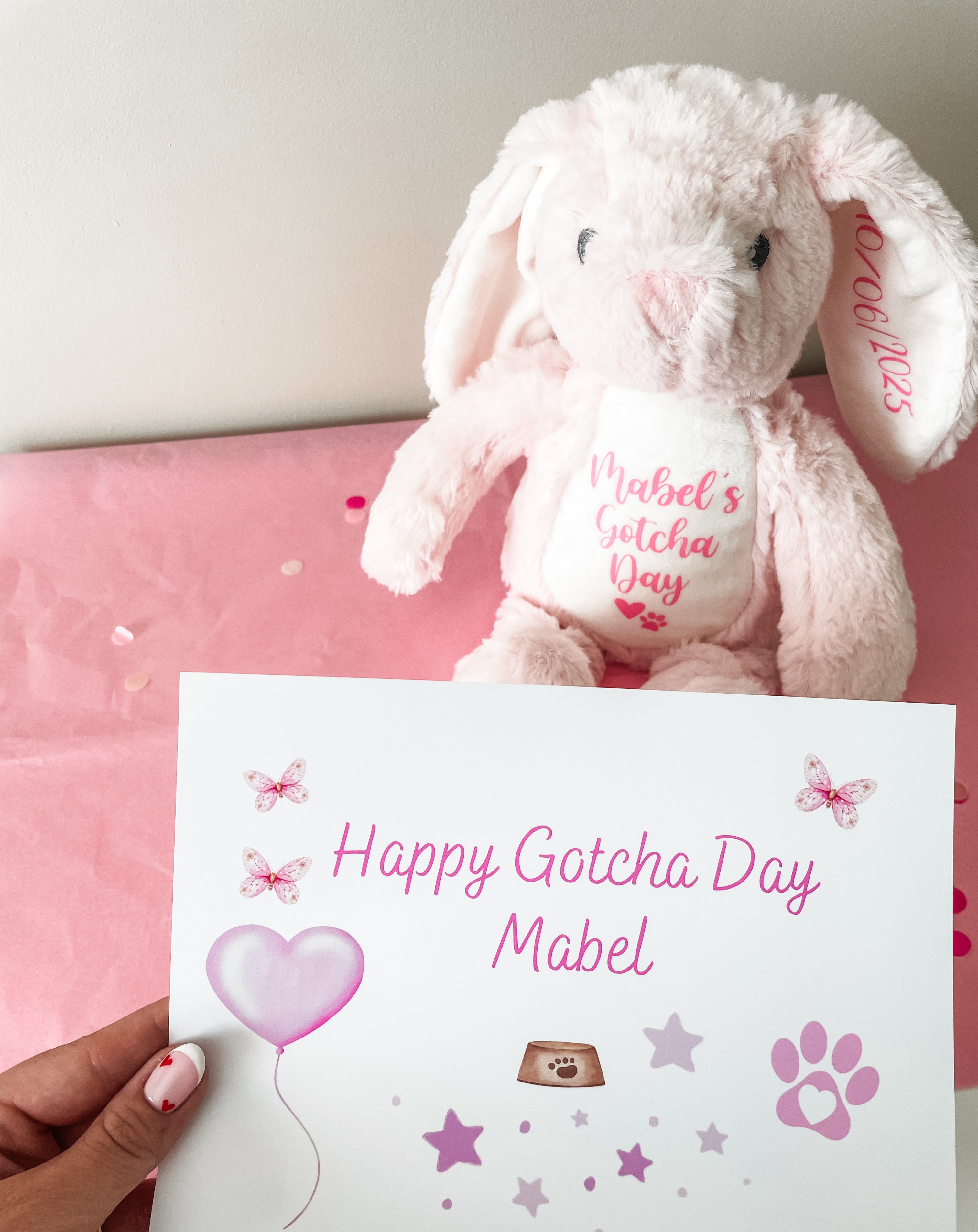 Personalised plush dog toy with "Happy Gotcha Day" message and custom gift wrapping.