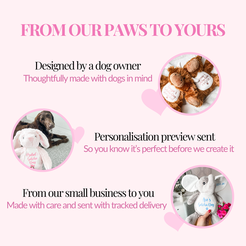 Personalised gotcha day toy for dogs. Custom dog toy personalised for a new puppy.