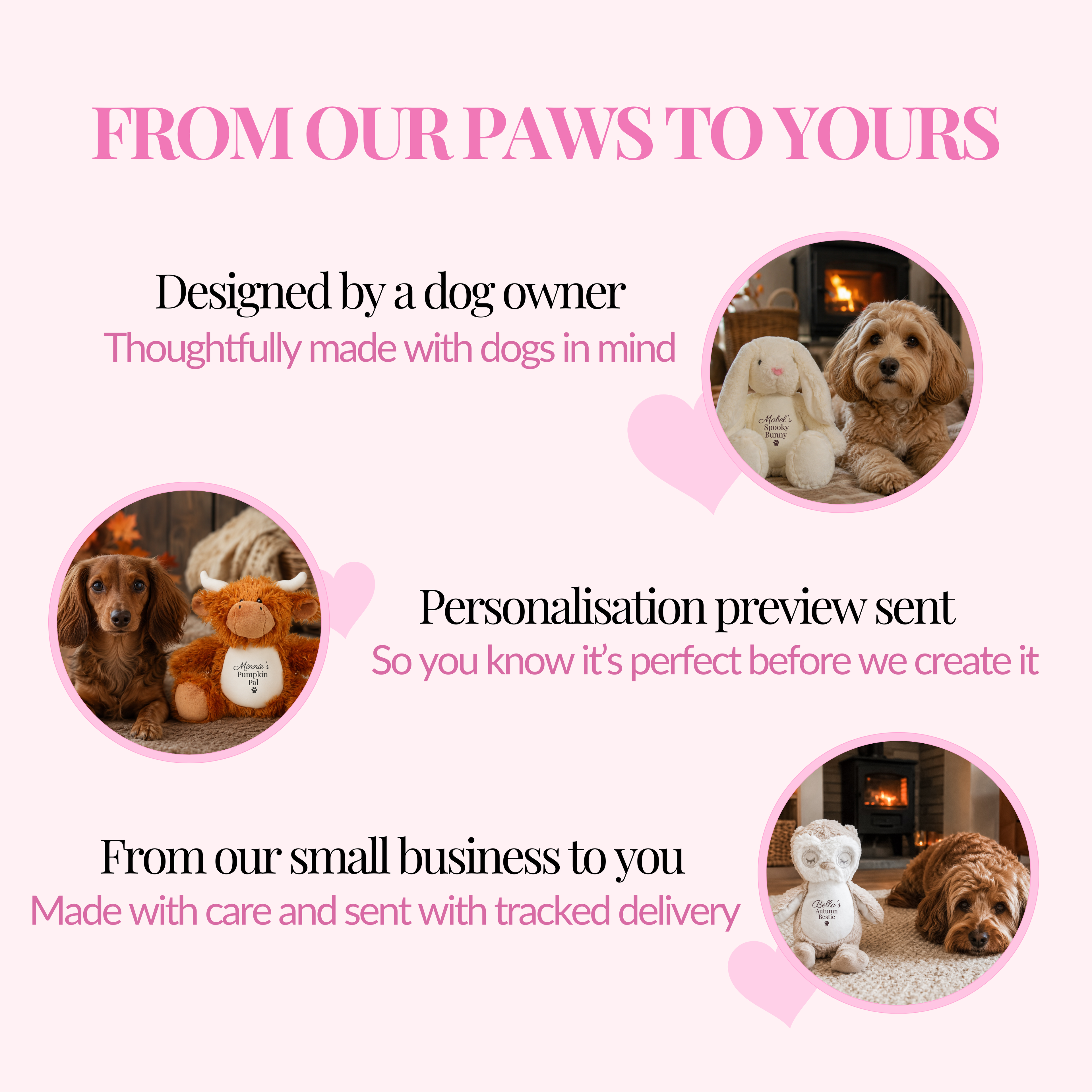 Why shop with Paws & Peonies personalised dog gift shop, detailing designed by a dog owner, personalisation preview sent before making and tracked uk delivery for personalised dog toys and gifts.