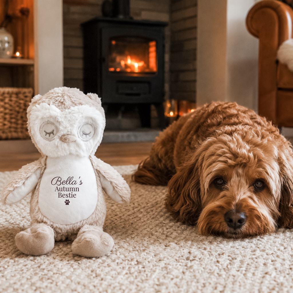 Personalised autumn owl dog toy personalised with dog's name and Autumn Bestie text, custom Halloween dog toy beside a happy dog. Personalised dog gift to celebrate the cosy season.