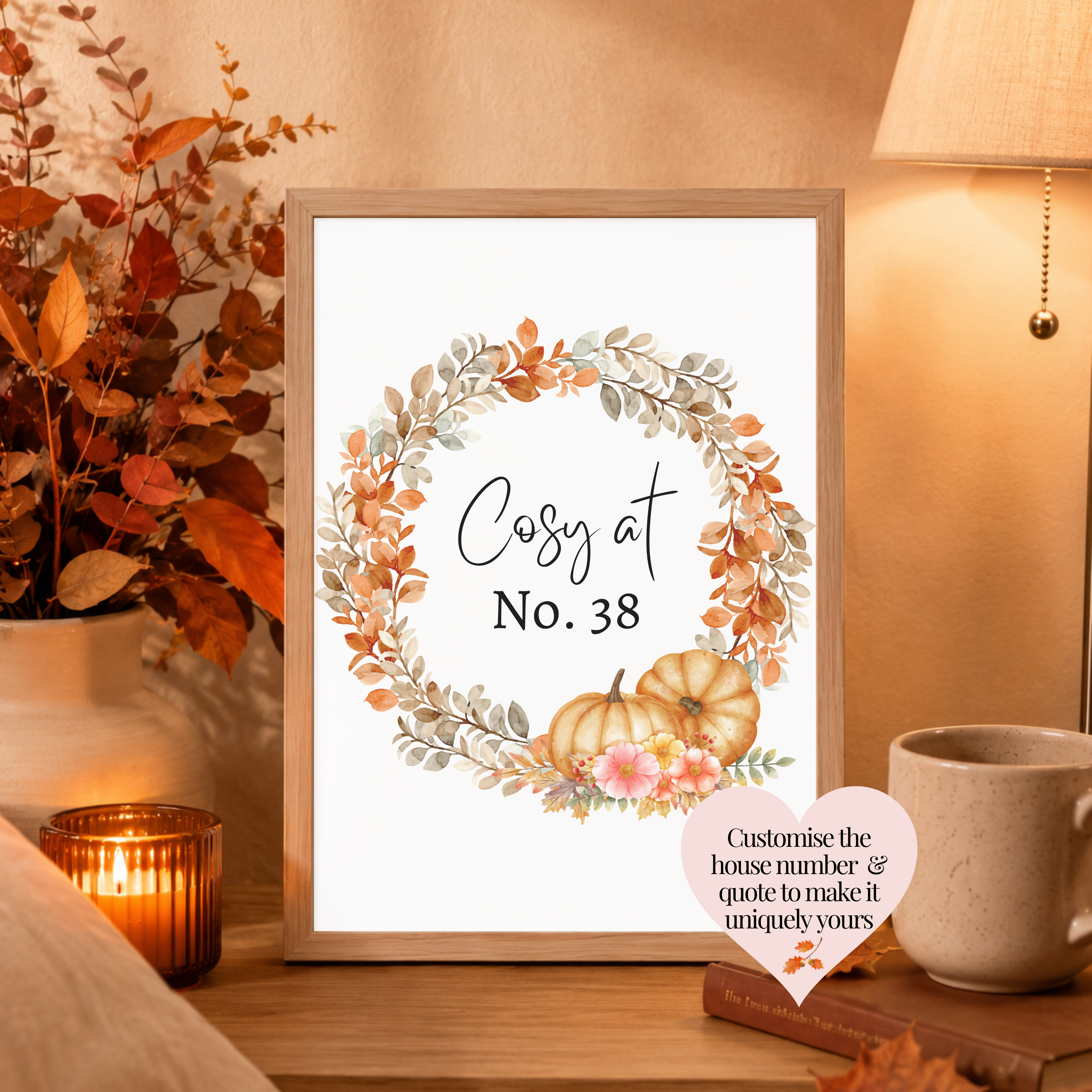 Personalised autumn house number print with cosy wreath, personalised autumn home decor for cosy homes. 