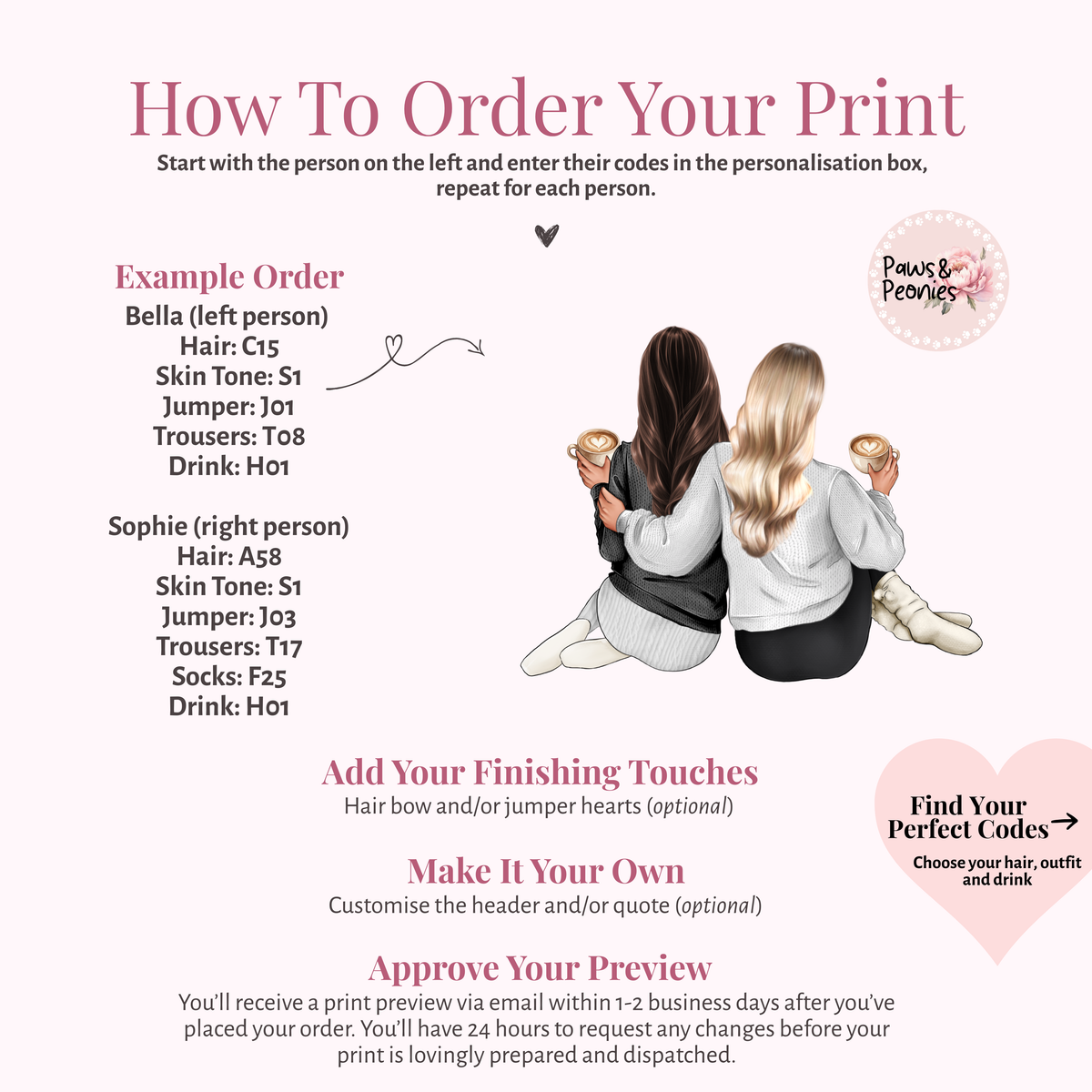 How to personalise your best friend print by choosing hairstyles, outfits, drinks and names for each bestie.