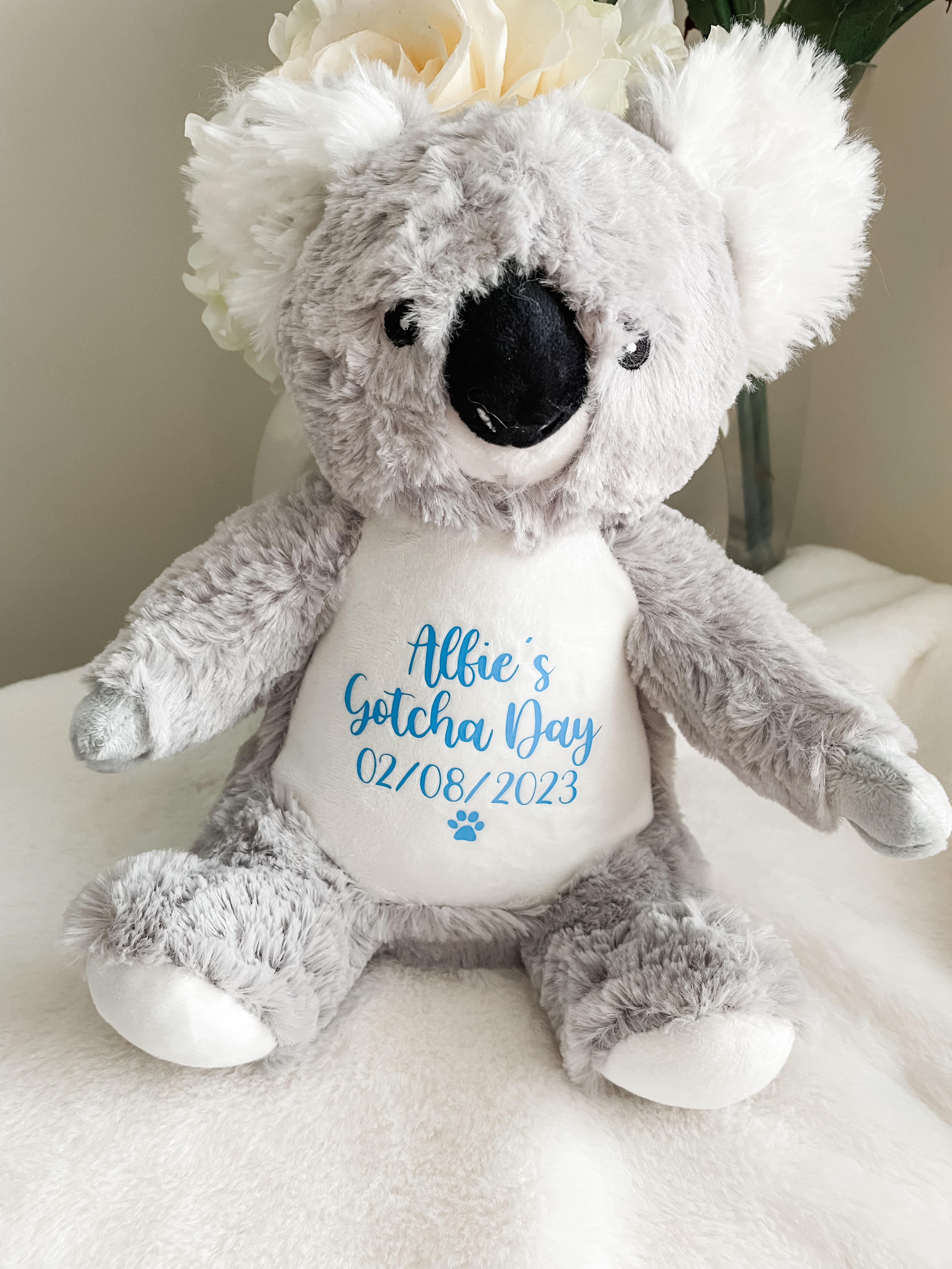 Personalised koala Gotcha Day dog toy with custom dog name and gotcha date.