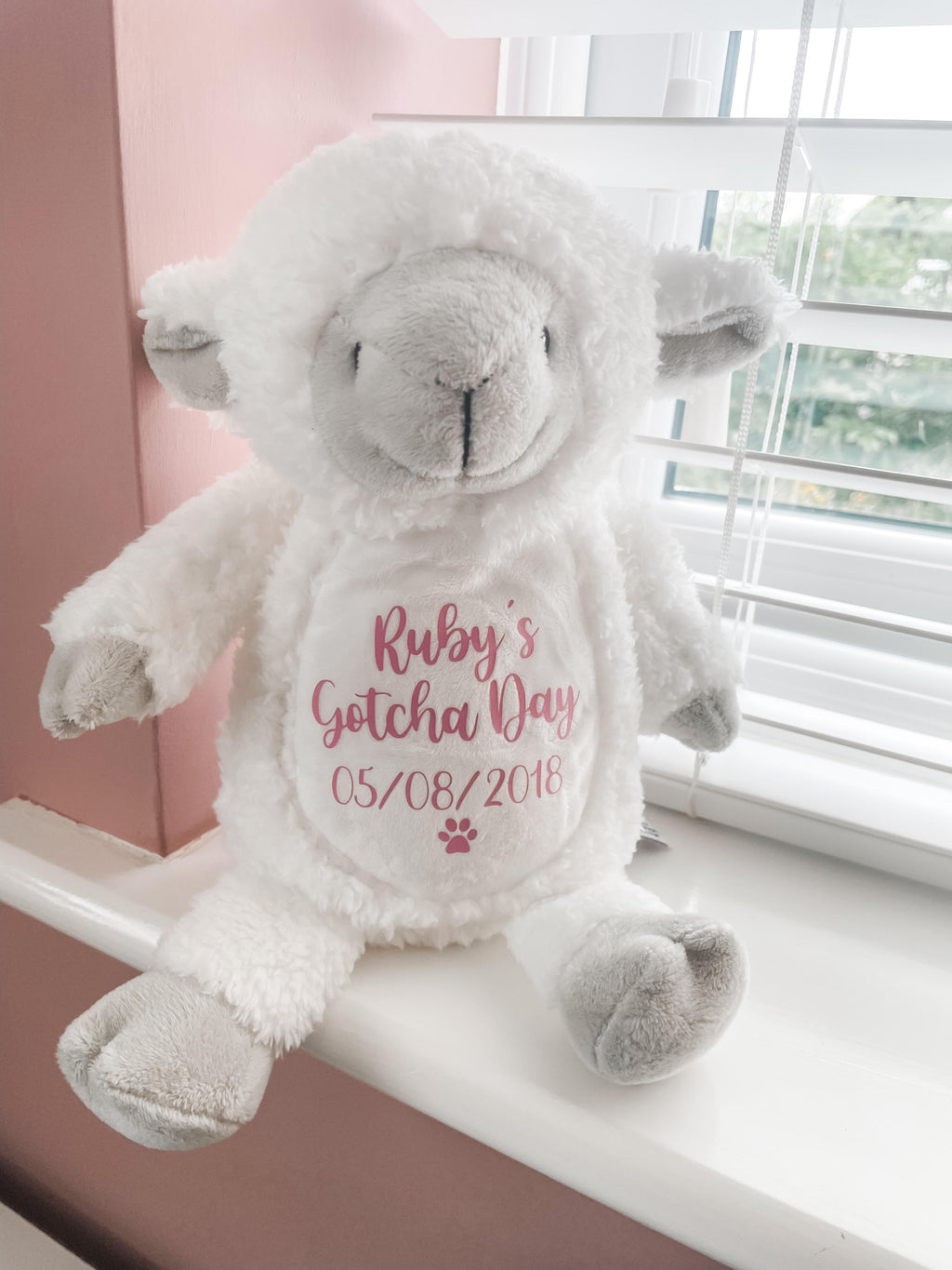 Personalised lamb Gotcha Day cuddly dog toy with custom name and forever home date.