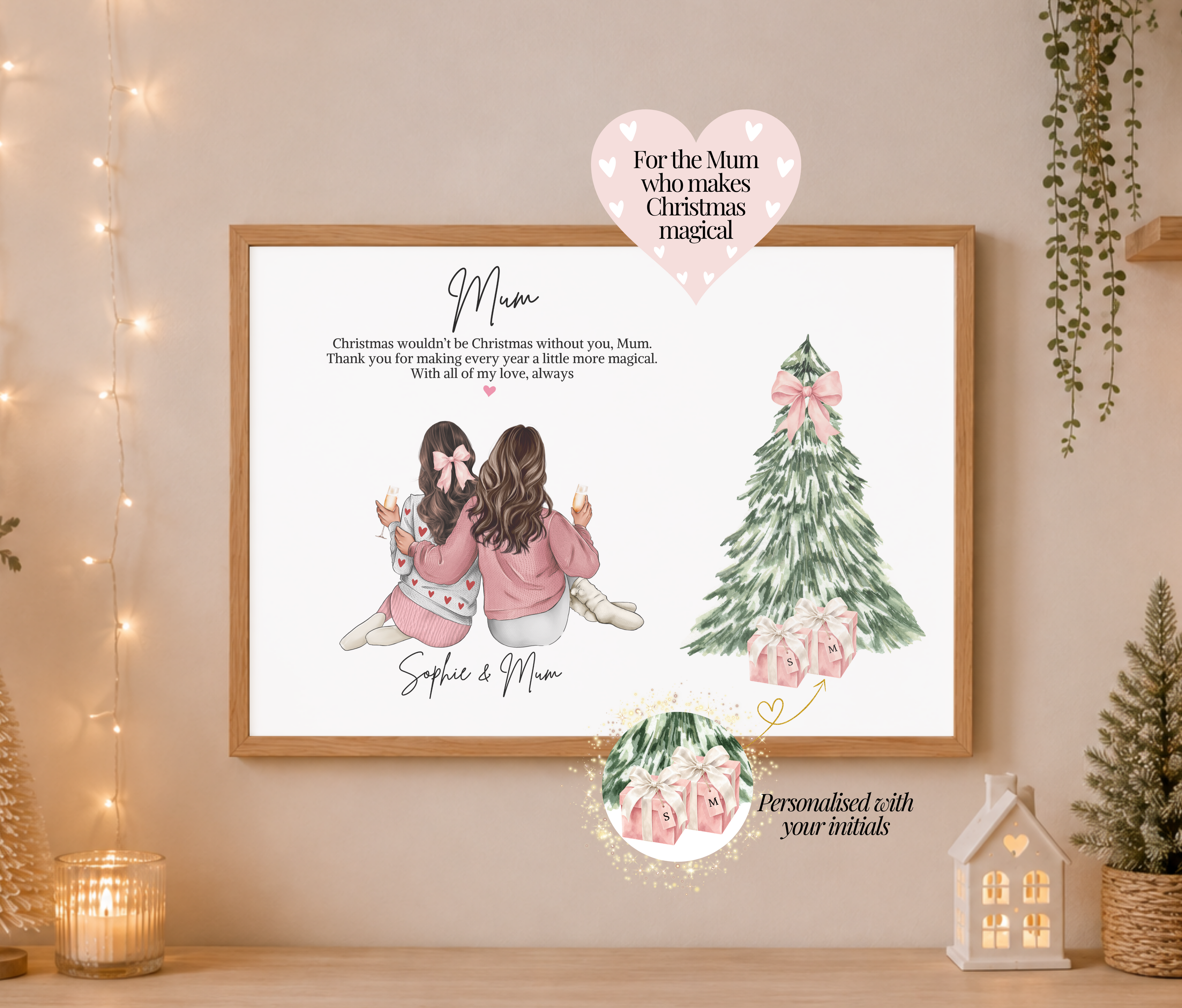 Personalised Christmas Mum and daughter print wearing festive outfits. Custom mum and daughter gift, Christmas gift for mum from daughter, festive family wall art.