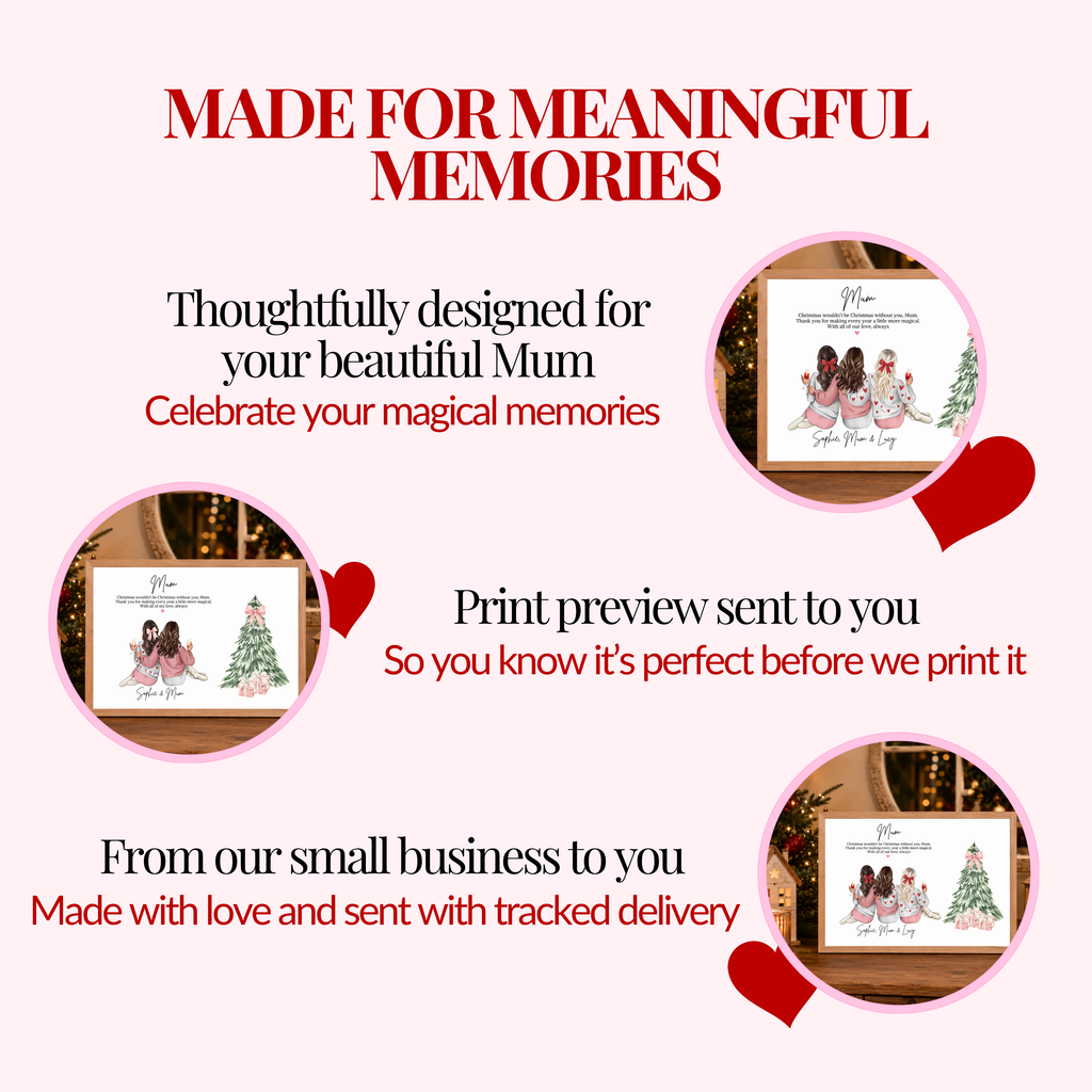 Personalised Mum and Daughter Christmas print, personalised by a small business owner with a print preview sent before printing. Sent with free tracked delivery and custom options available for the design, thoughtful Christmas gift for Mum, custom keepsake celebrating special memories together.