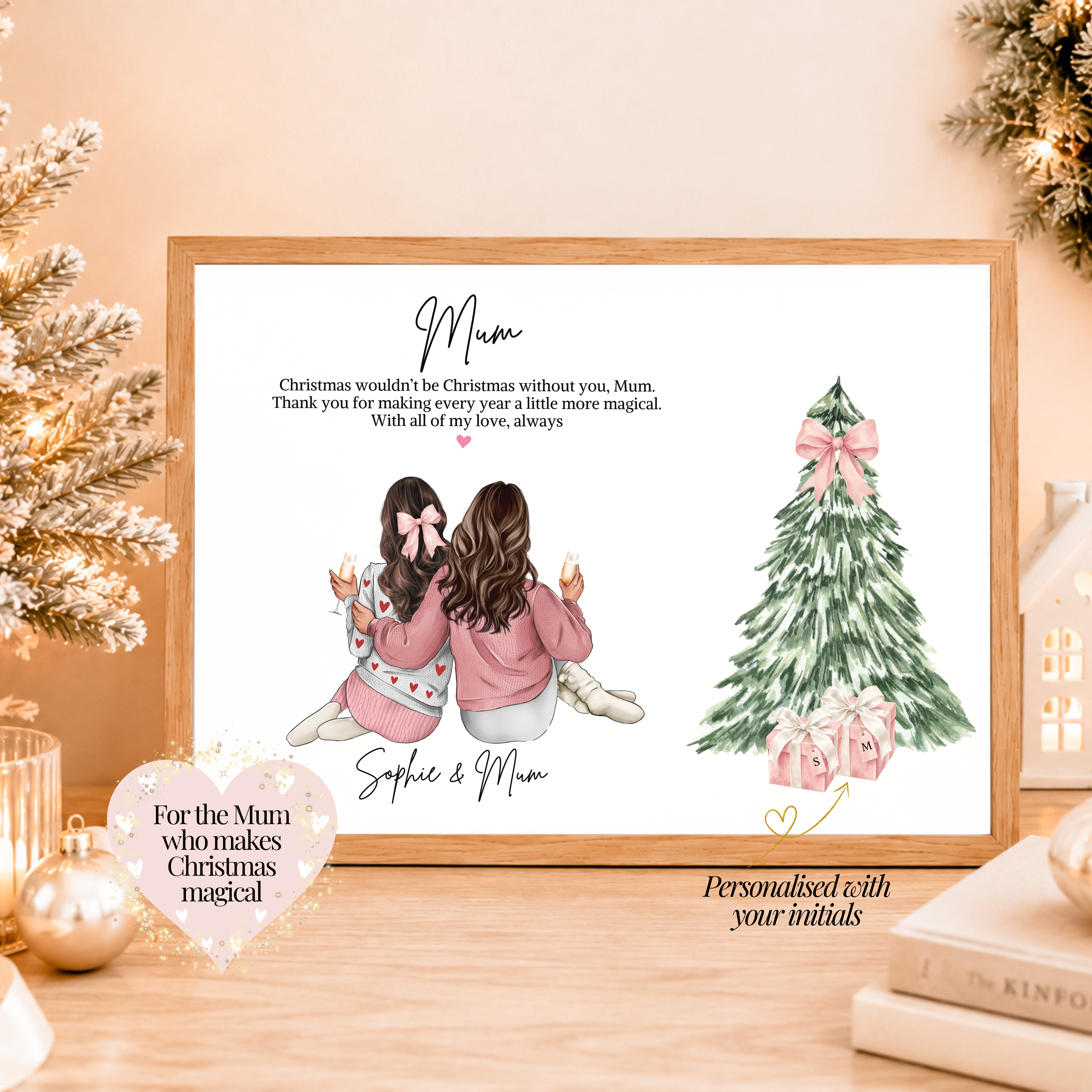Personalised Christmas Mum and daughter print wearing festive outfits. Custom mum and daughter gift, Christmas gift for mum from daughter, festive family wall art.