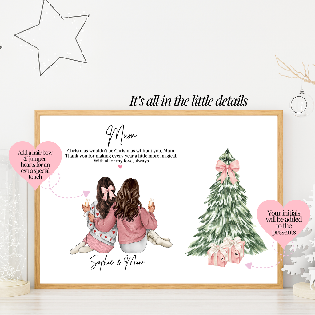 Personalised Christmas mum print with two daughters showing the little extra touches made to the print to make it even more special. Festive mum gift, custom Christmas keepsake for mum.