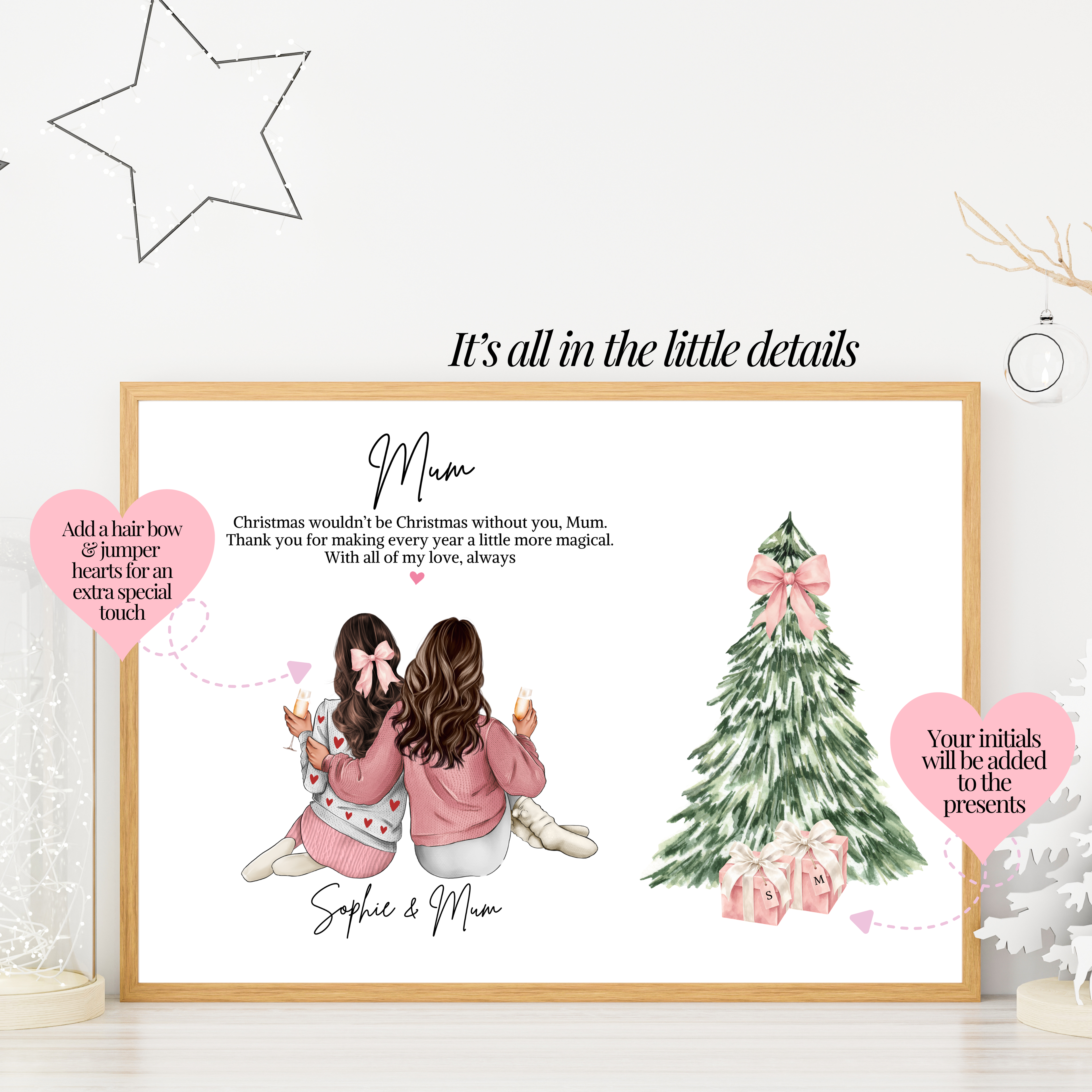 Personalised Christmas mum print with two daughters showing the little extra touches made to the print to make it even more special. Festive mum gift, custom Christmas keepsake for mum.