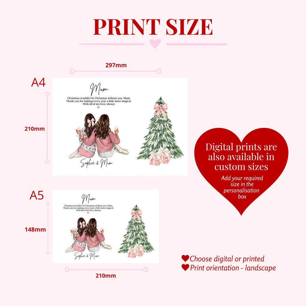Christmas mum and daughter print size guide showing A5, A4 and digital print options, personalised mum gift dimensions.