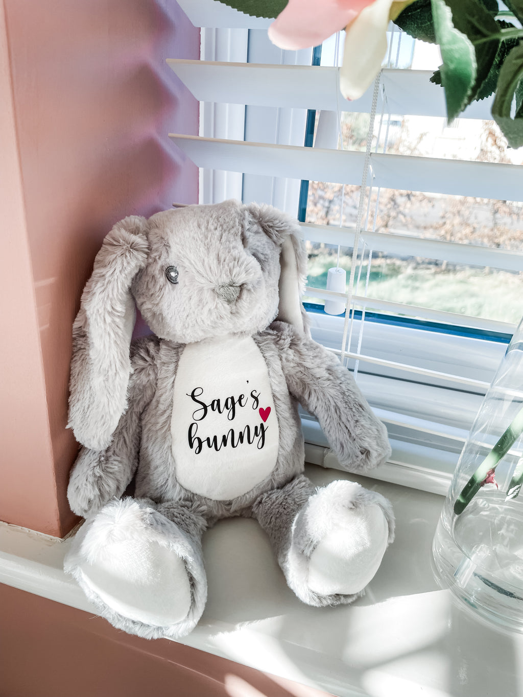 Soft personalised bunny dog toy with custom name and birthday date. Plush personalised toy for dogs.