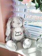 Soft personalised bunny dog toy with custom name and birthday date. Plush personalised toy for dogs.
