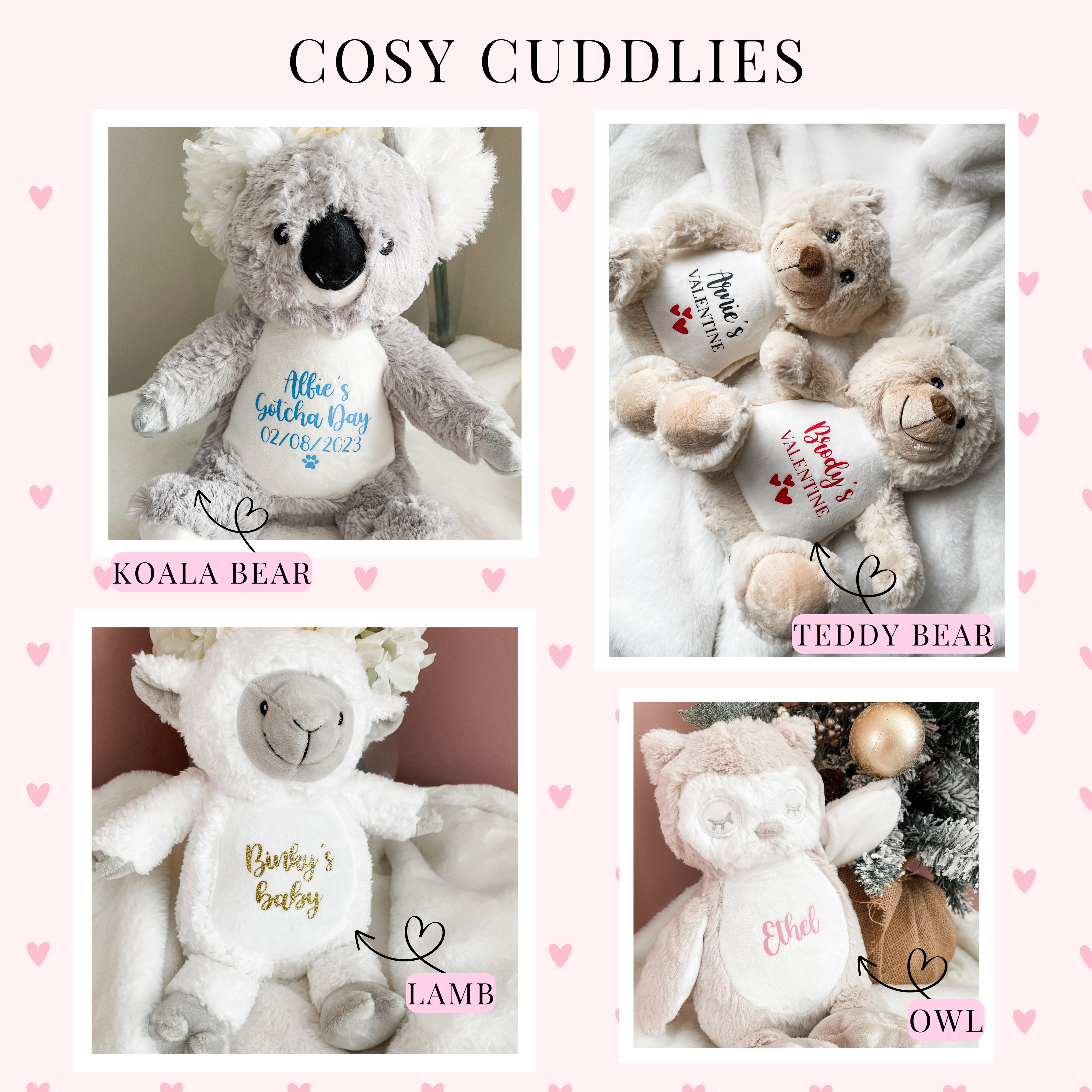 Four personalised plush dog toys including a koala bear, teddy bear, lamb and owl. Plush custom dog toys personalised gift.