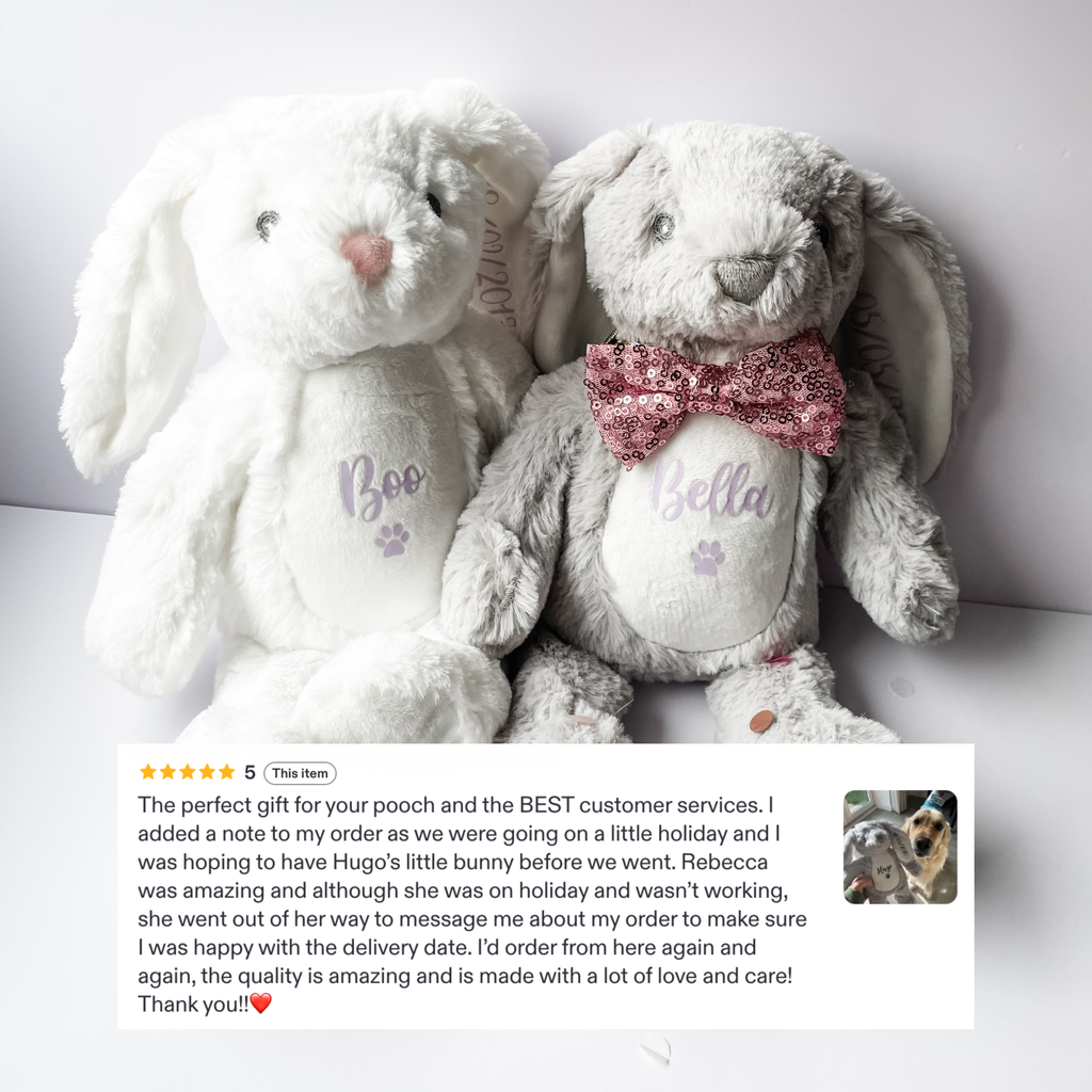 White and grey personalised birthday bunnies displayed together in a cosy home with five-star customer review.