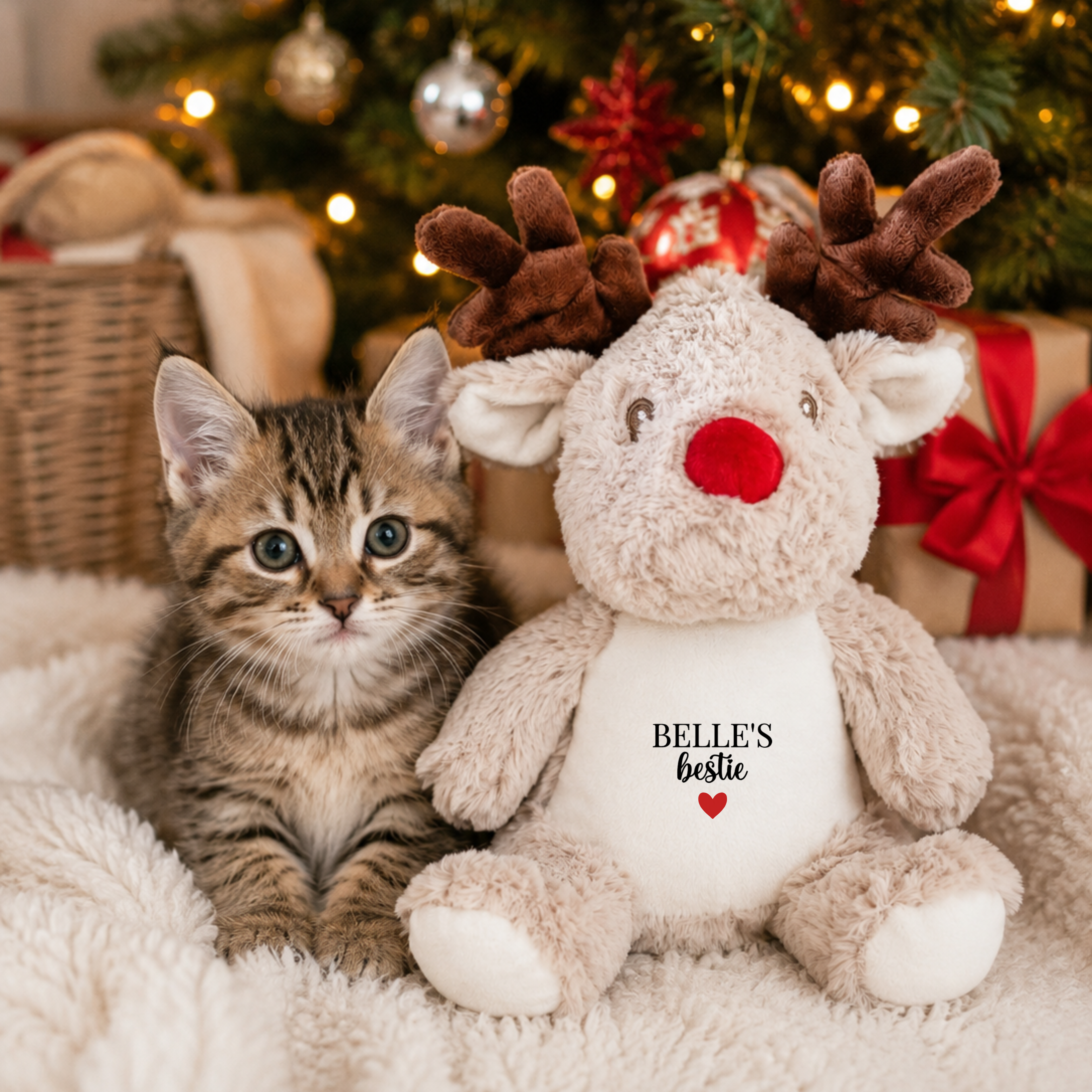 Personalised Christmas reindeer toy for cats and kittens, a cute cat Christmas gift and kitten Christmas toy shown beside a cosy festive kitten.