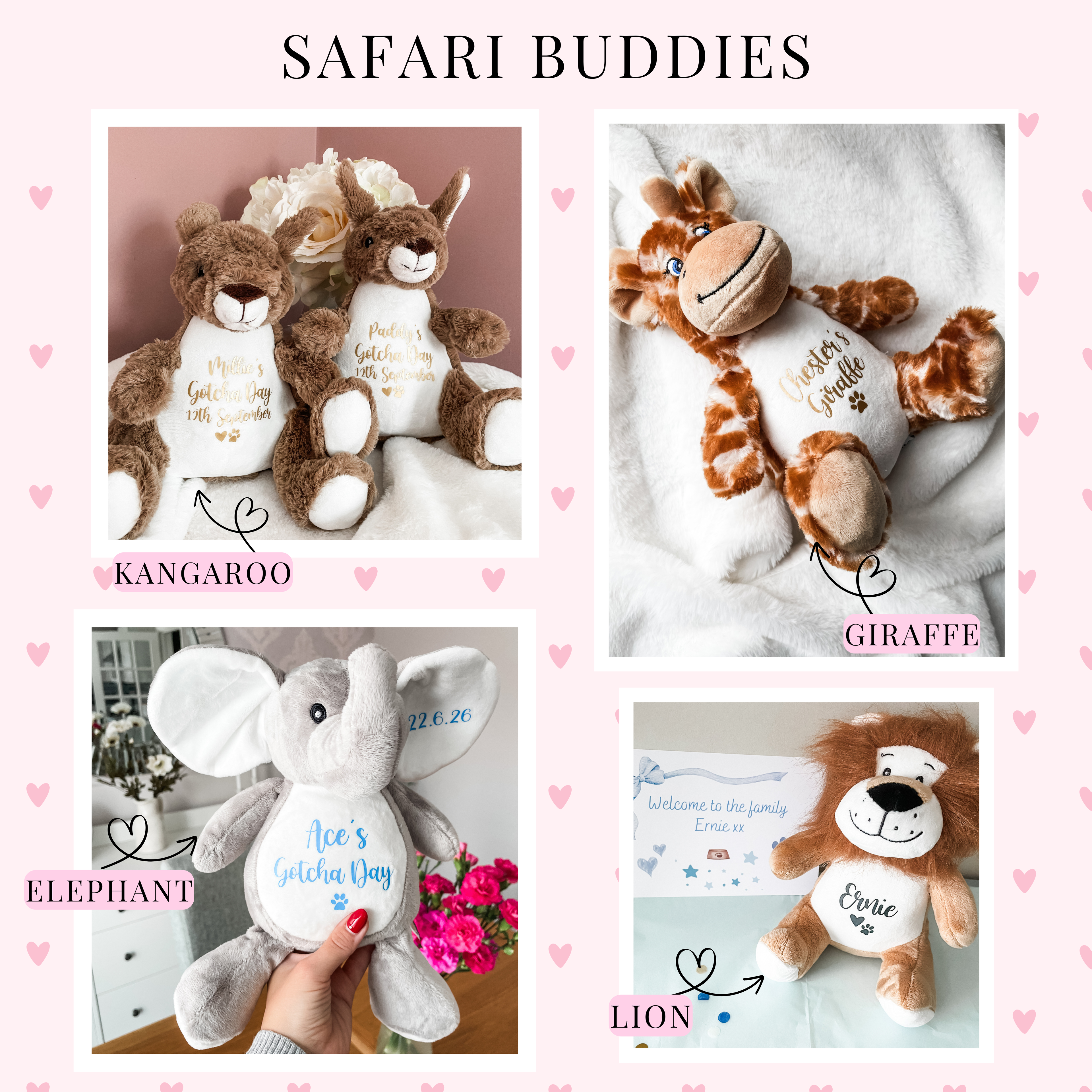 A collage showing four personalised plush safari animals under the heading 'Safari Buddies' on a light pink background with small heart motifs. The products included are kangaroo, giraffe, elephant and lion, each with a custom printed name on their tummy.