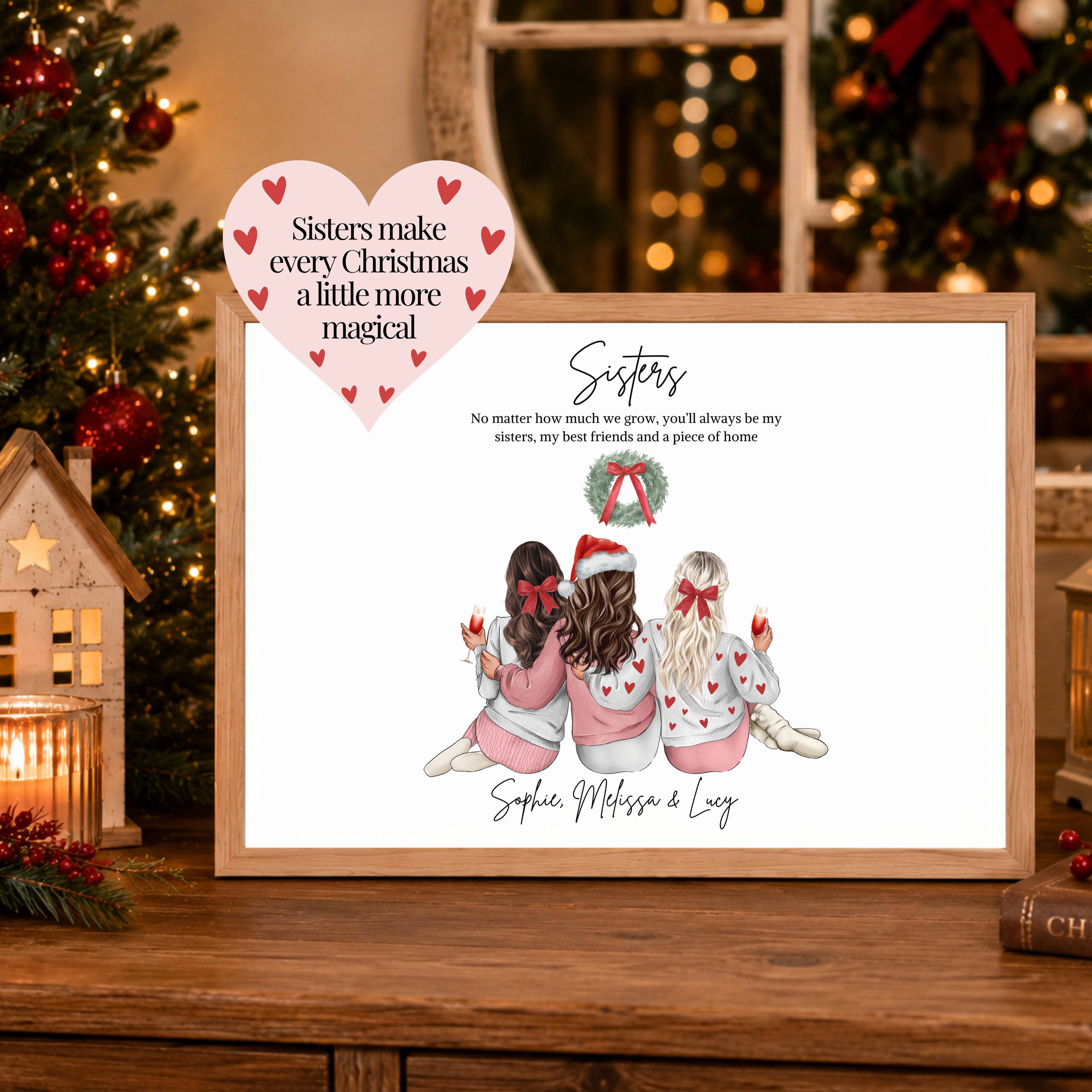 Personalised Christmas sisters print wearing festive outfits. Personalised sister gift, Christmas sister gift, festive family wall art.