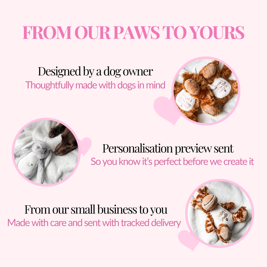 Personalised dog toys with custom dog names and symbol options - heart, paw print or bone. Personalised gifts for dogs by a small business dog owner.