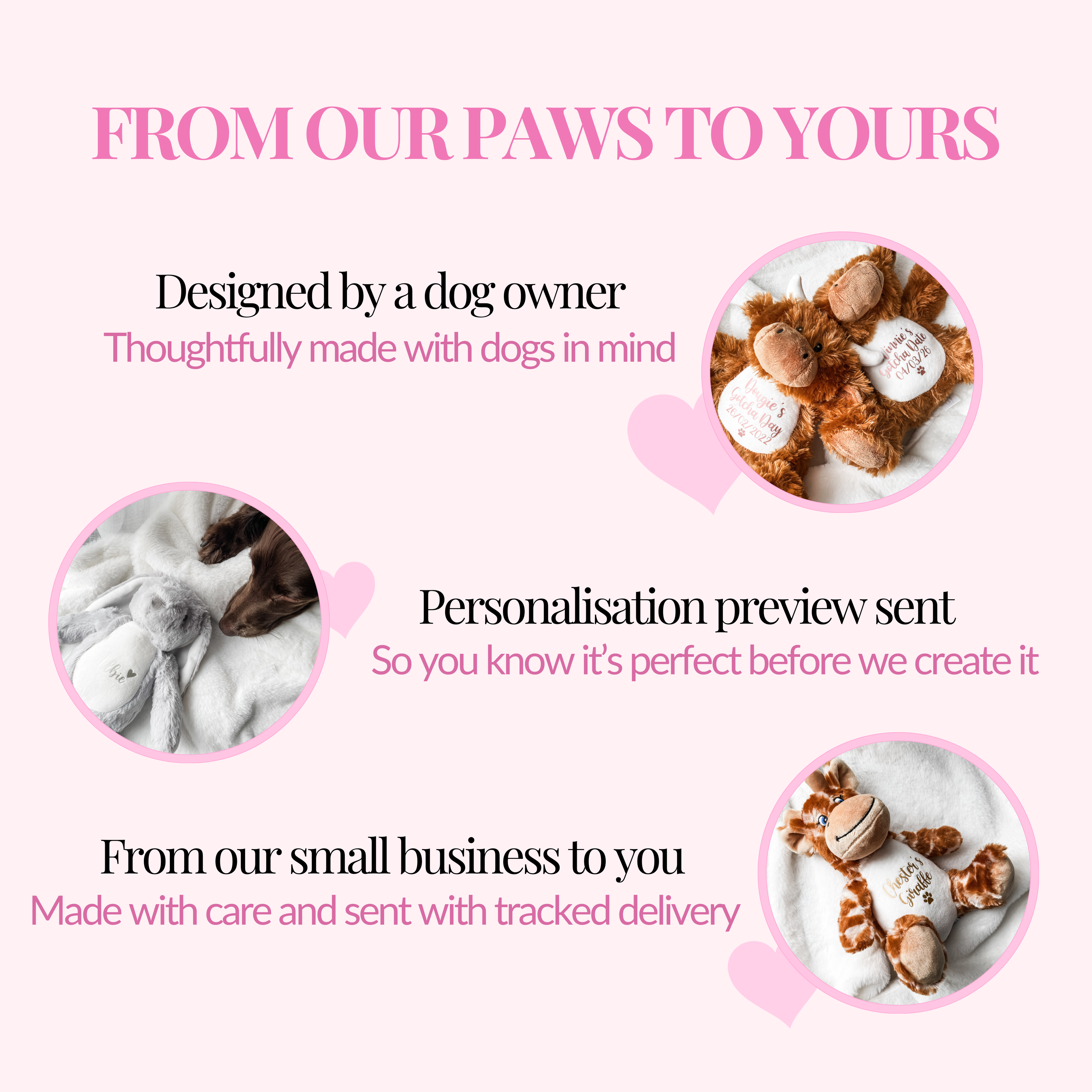 Personalised dog toys with custom dog names and symbol options - heart, paw print or bone. Personalised gifts for dogs by a small business dog owner.