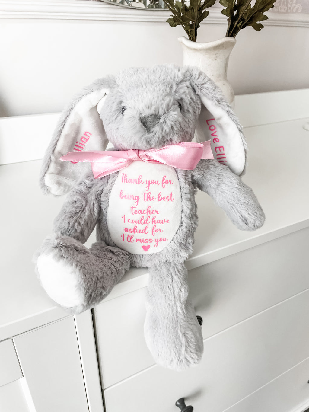 Personalised bunny gift for teachers featuring custom message and teacher name. End of term gift. 