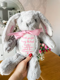 Personalised teacher bunny gift wth custom thank you message. Thoughtful teacher keepsake.