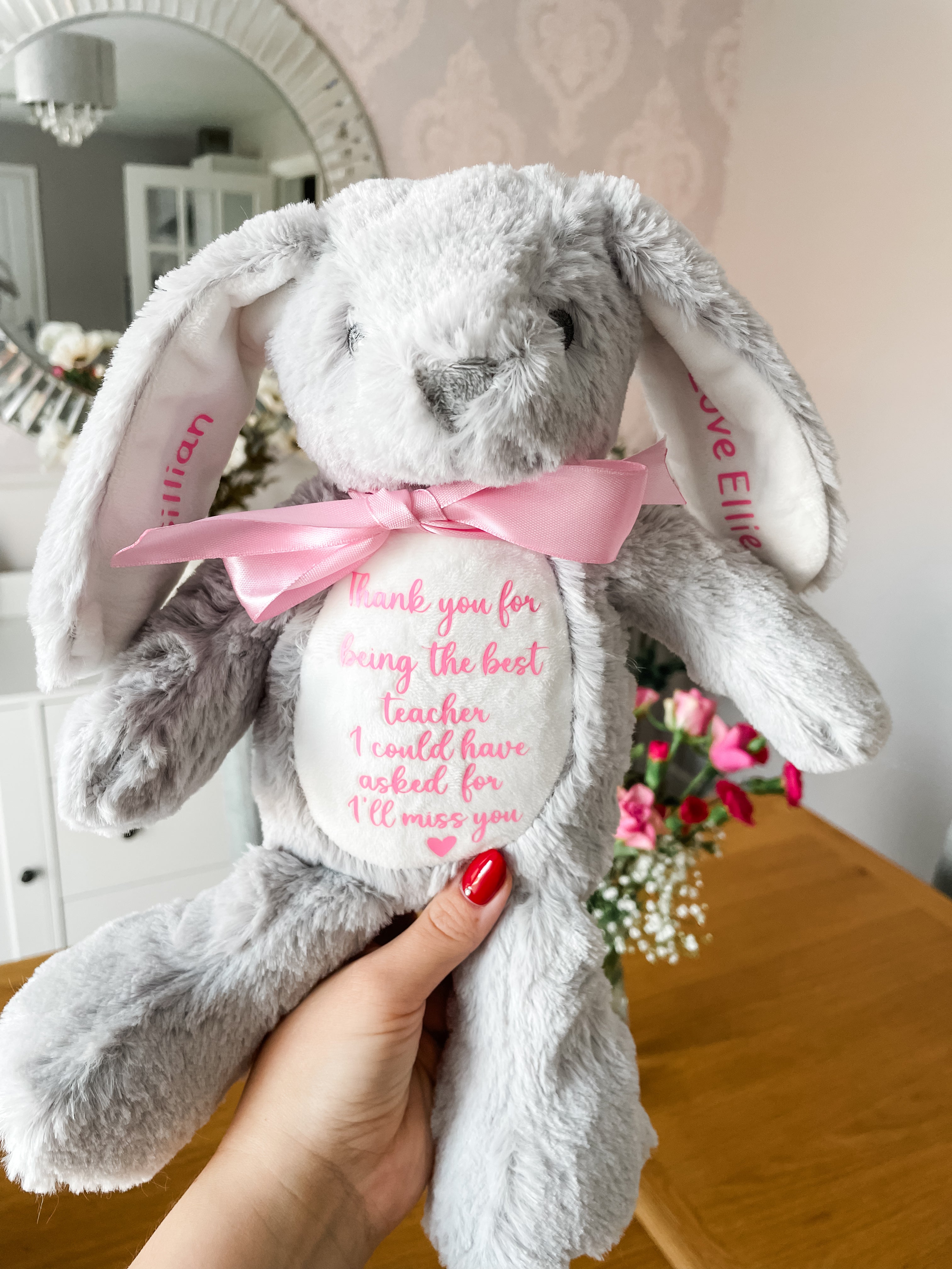 Personalised teacher bunny gift wth custom thank you message. Thoughtful teacher keepsake.