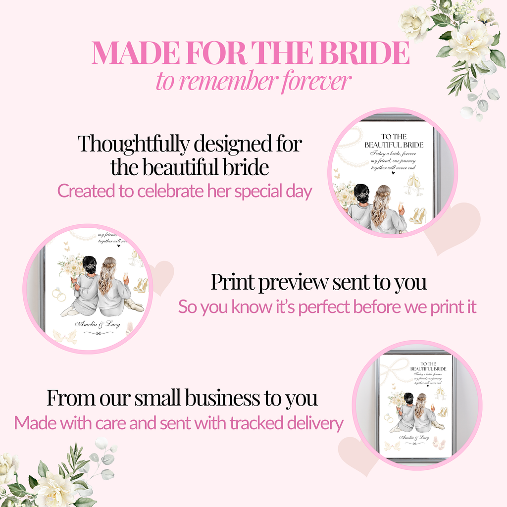Made for the bride personalised wedding print with print preview and tracked delivery information. A thoughtful keepsake gift from bridesmaids.