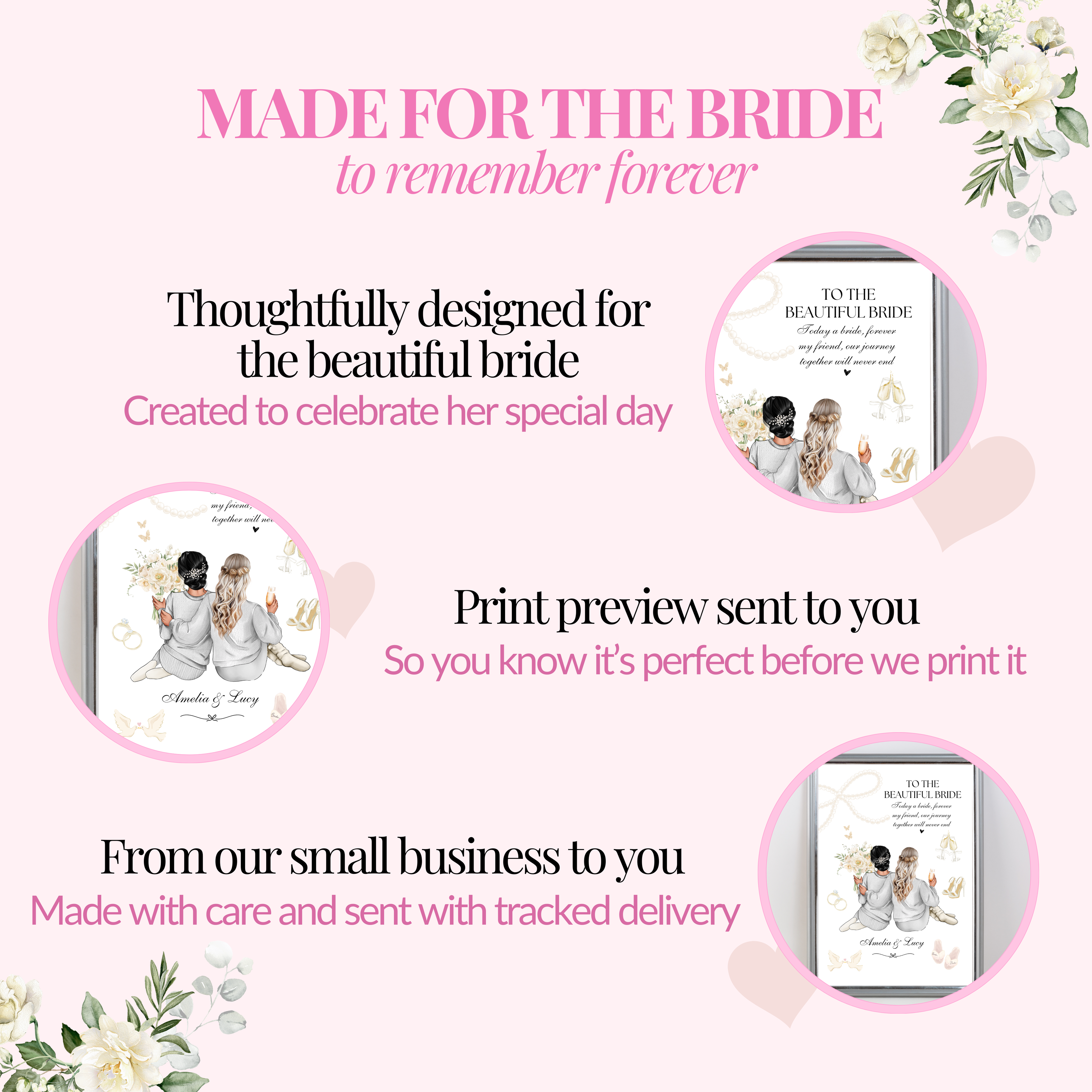 Made for the bride personalised wedding print with print preview and tracked delivery information. A thoughtful keepsake gift from bridesmaids.
