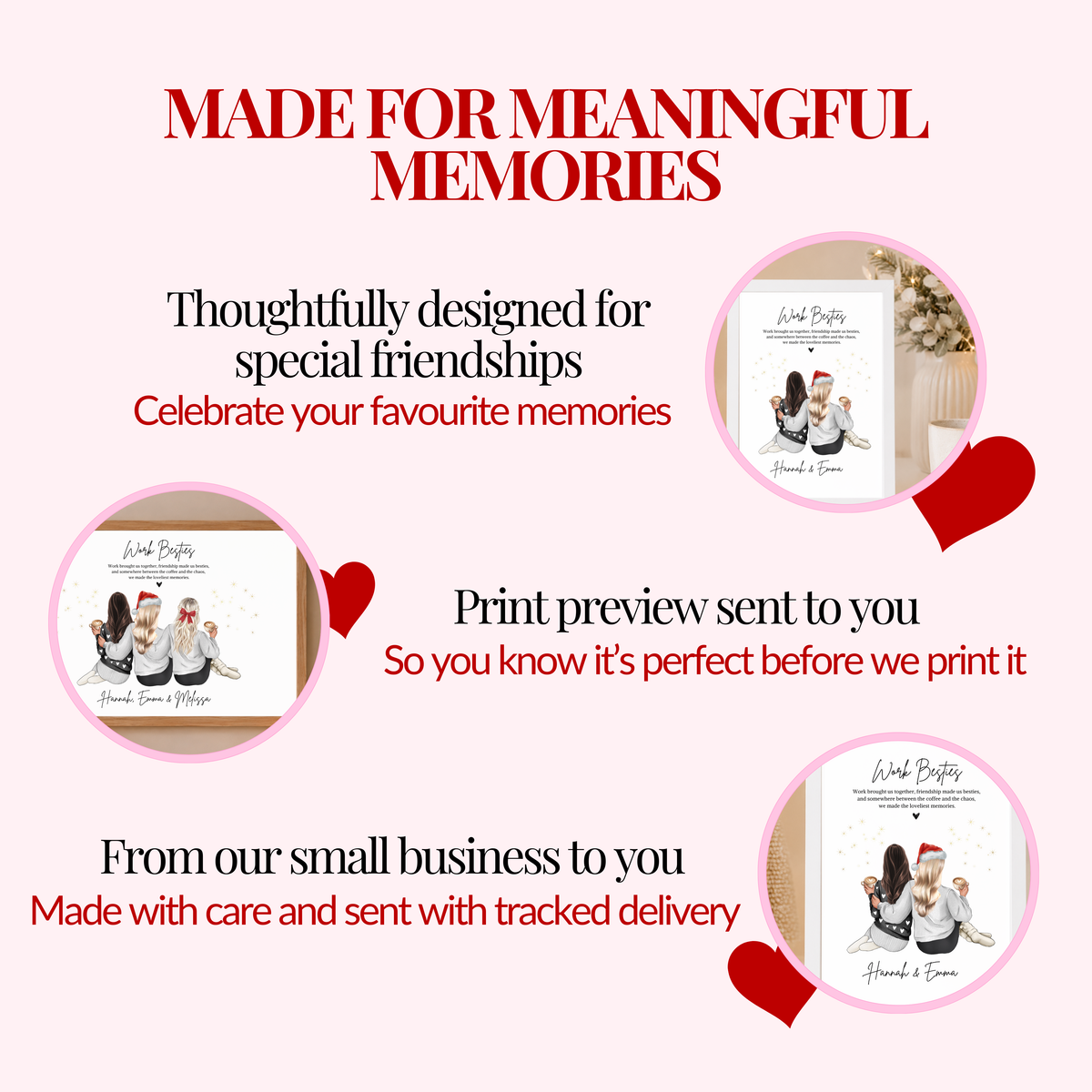 Personalised work besties Christmas print, personalised by a small business owner with a print preview sent before printing. Sent with free tracked delivery and custom options available for the design, thoughtful Christmas gift for work friend, custom keepsake celebrating special memories together.
