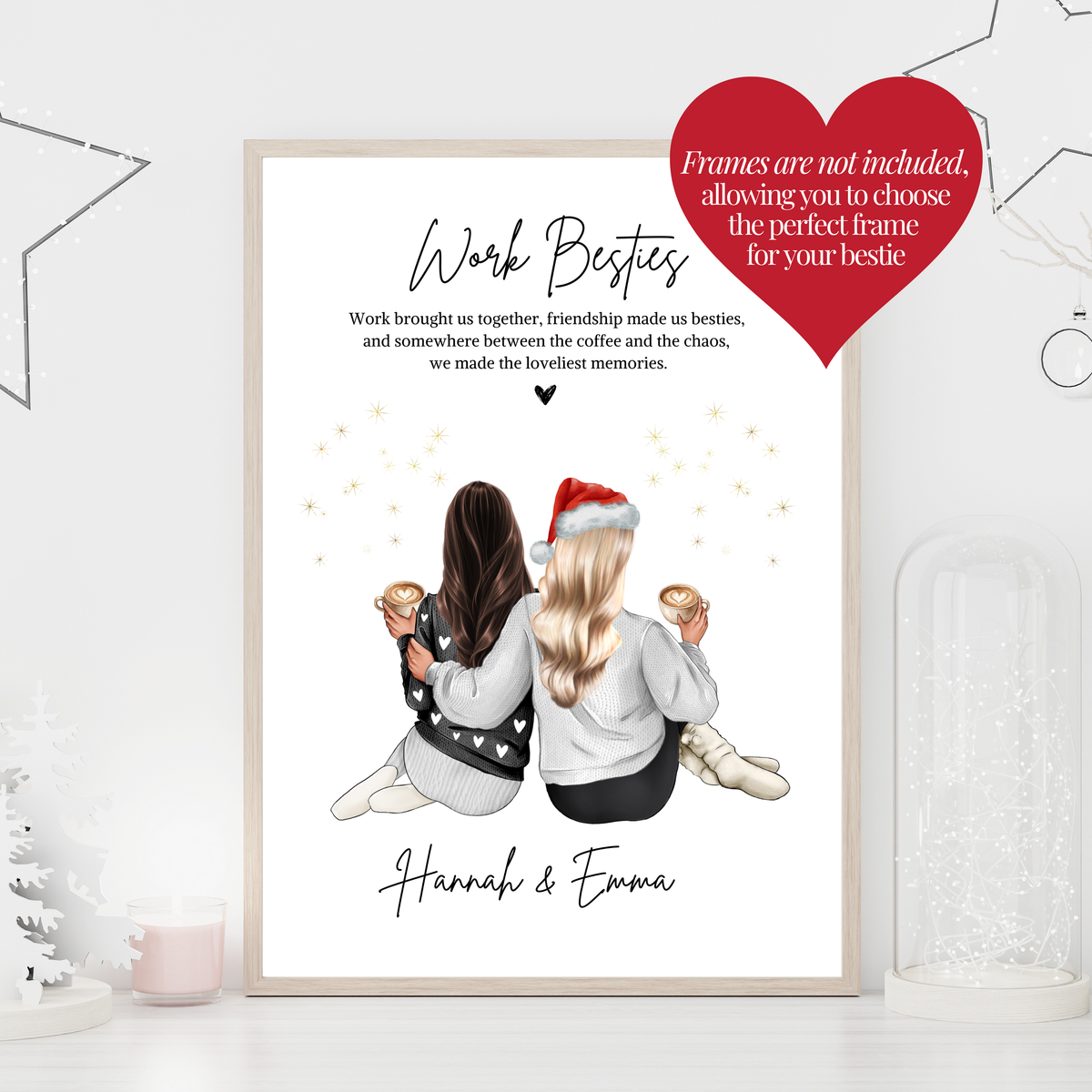  Personalised Christmas work besties print shown in frame mockup, personalised work bestie gift, frame not included.