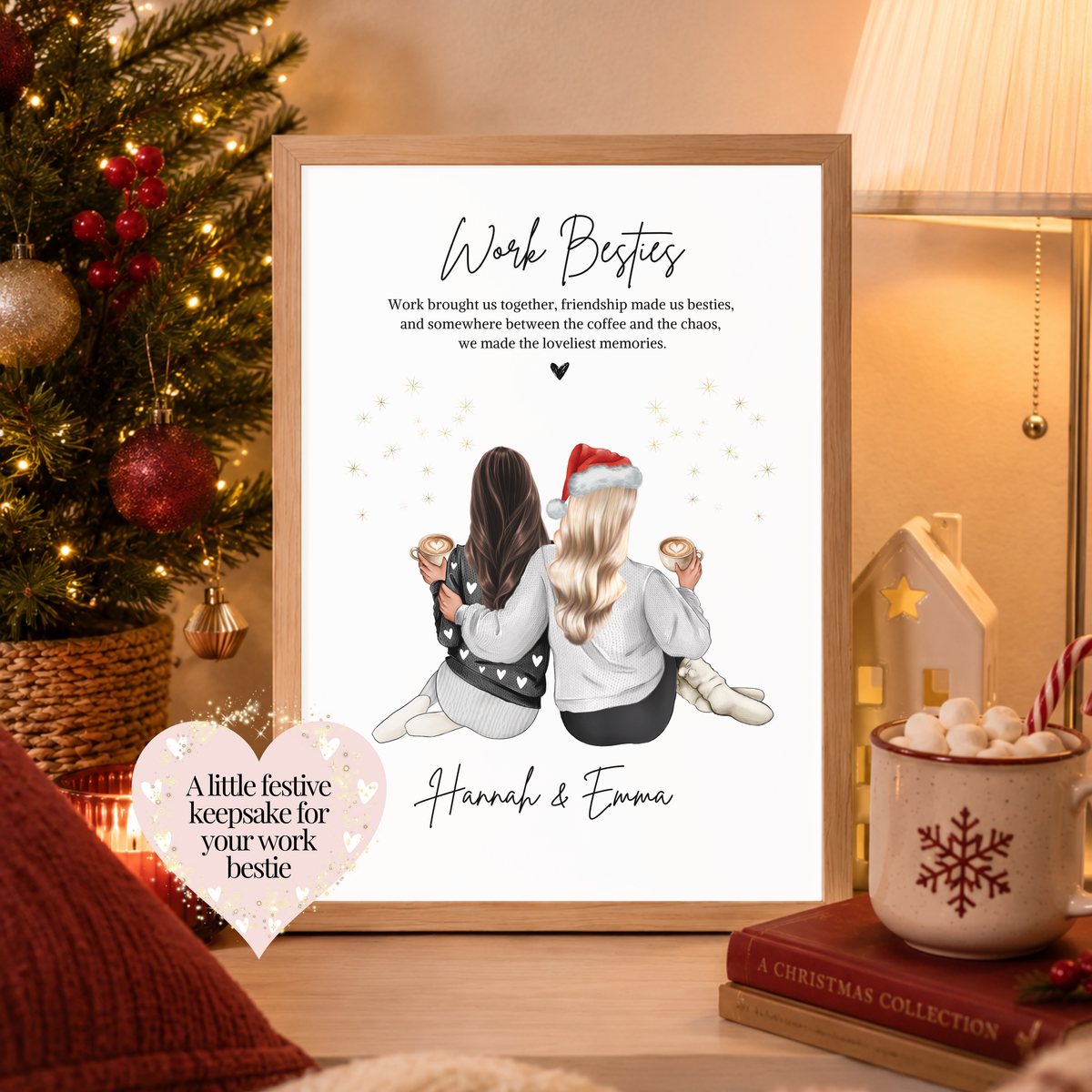 Personalised Christmas work besties print wearing festive outfits. Personalised work friend gift, Christmas work bestie gift, festive keepsake for work friends.