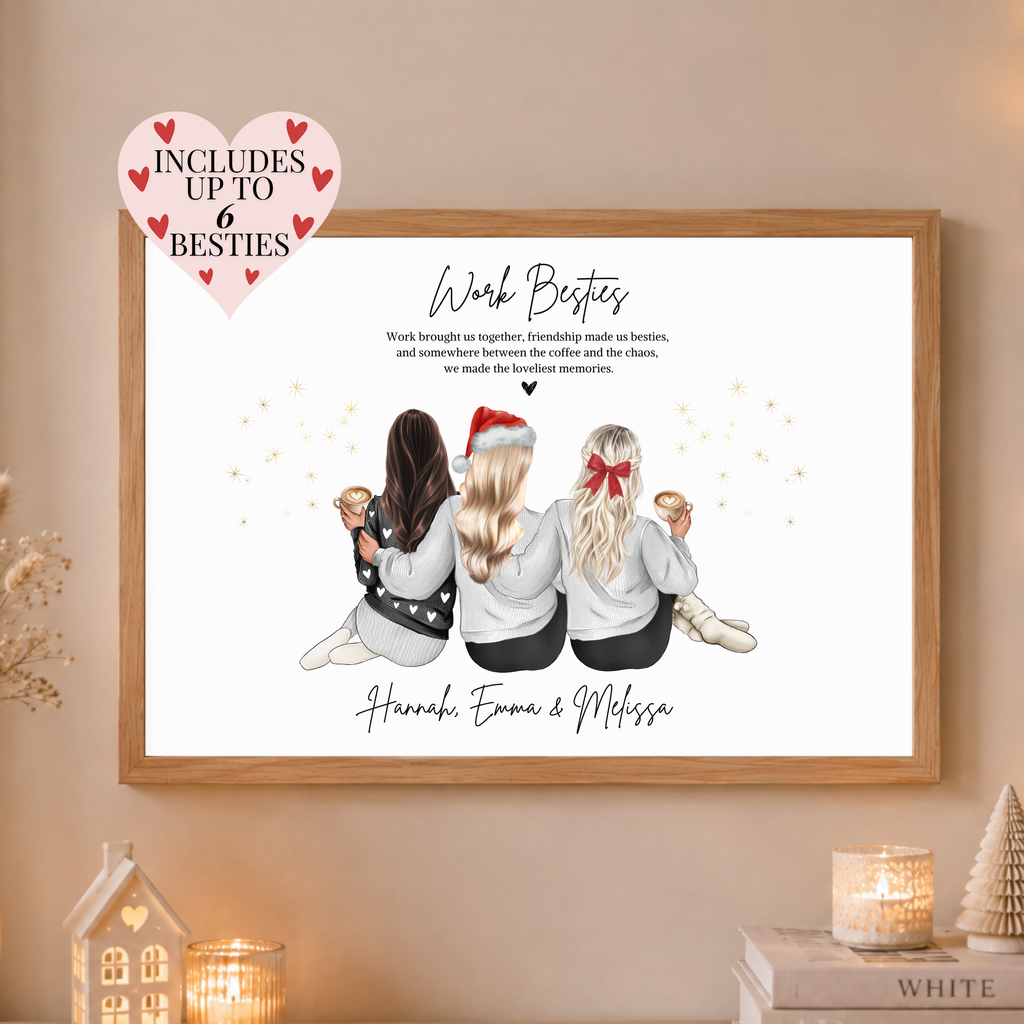 Personalised Christmas work besties print wearing festive outfits. Personalised work bestie gift, Christmas work gift, festive keepsake for work friend.