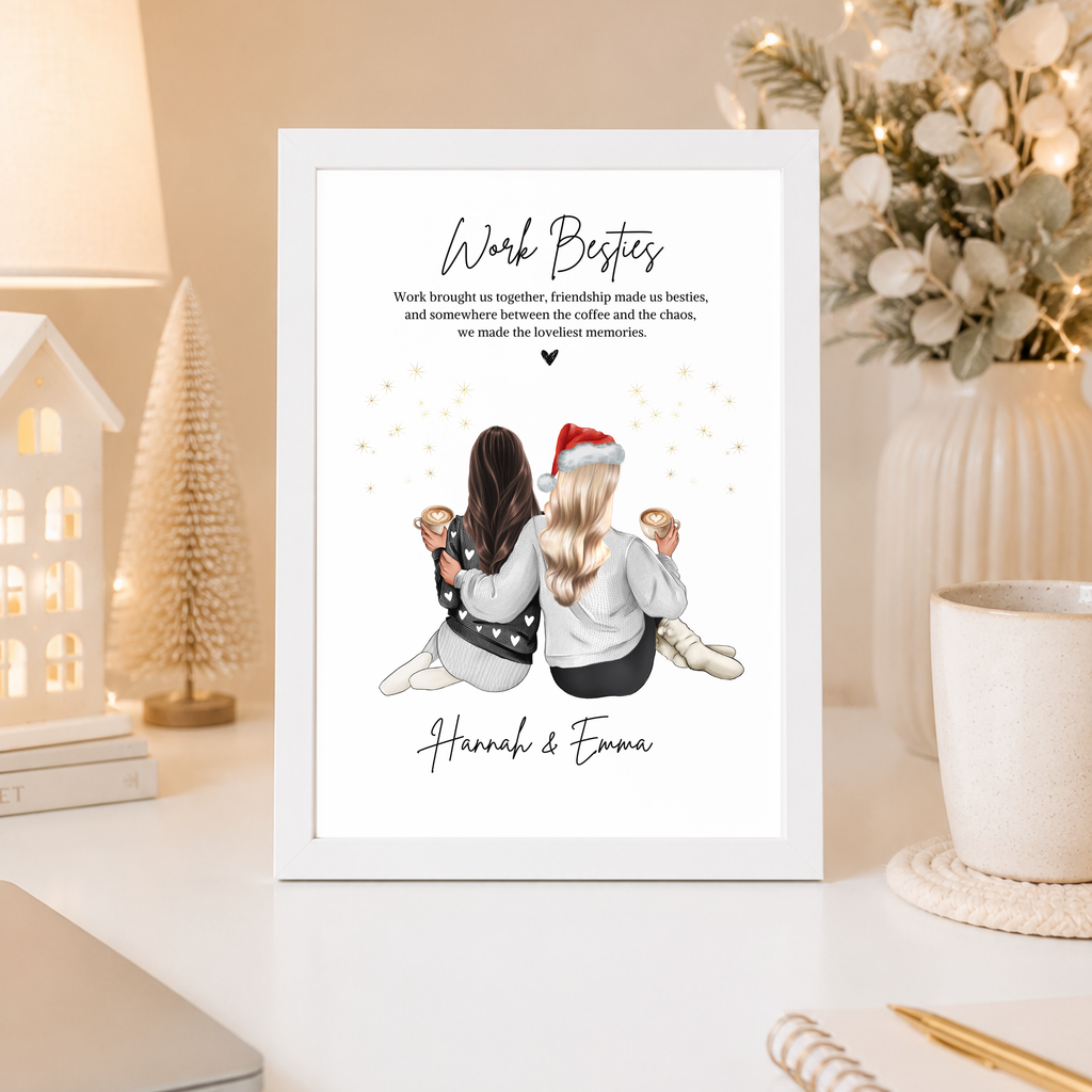 Personalised Christmas work besties print wearing festive outfits. Custom work bestie gift, Christmas gift for work friend, festive keepsake for work bestie.