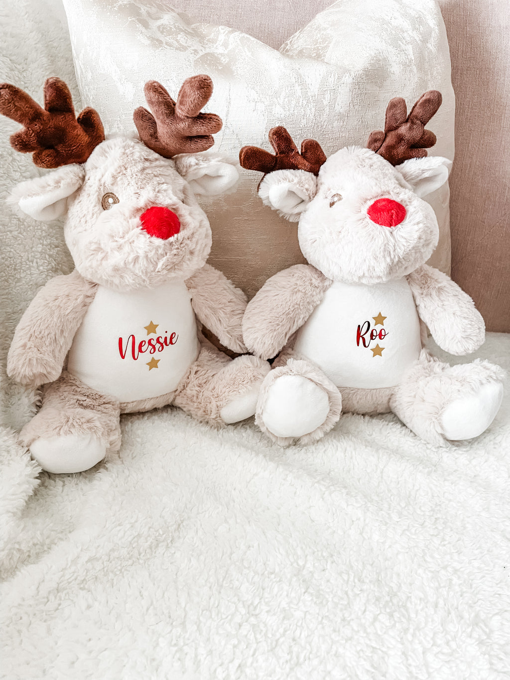 Personalised Christmas reindeer dog toy with custom name shown from different angles. Puppy Christmas gift.