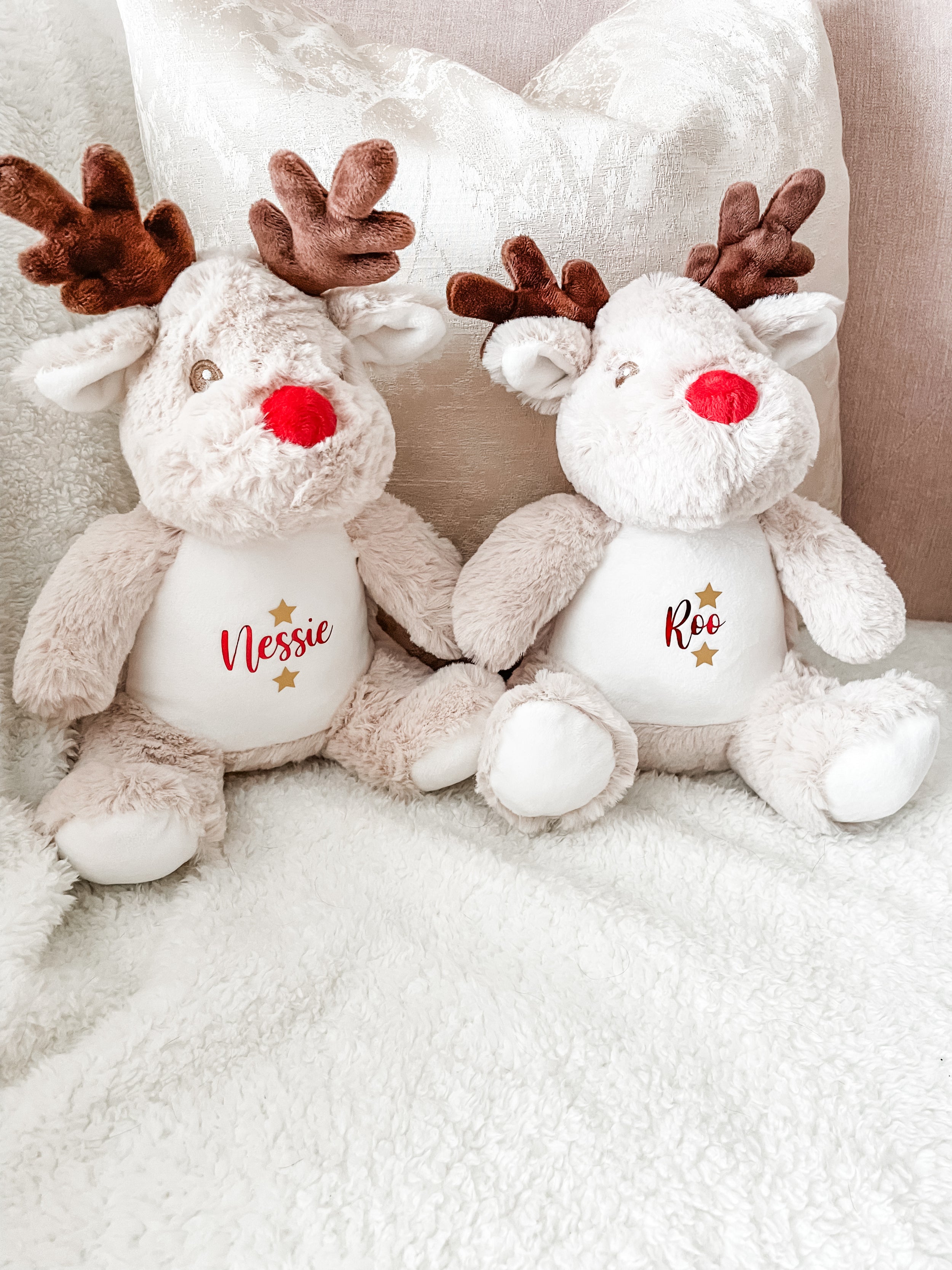 Personalised Christmas reindeer dog toy with custom name shown from different angles. Puppy Christmas gift.