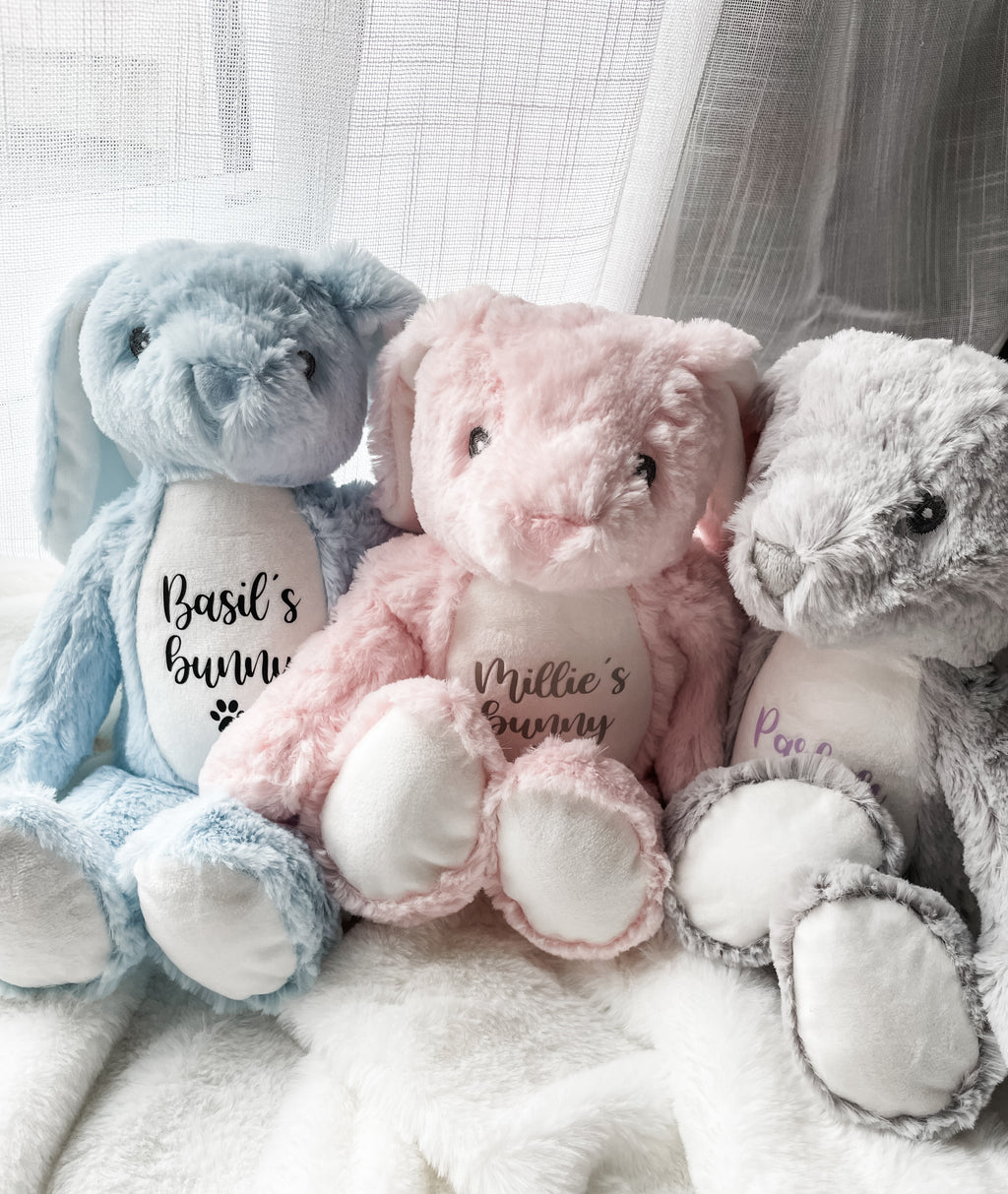 Video showing personalised bunny dog toys available in five colours. Beautiful Easter dog gifts personalised with your dog's name.