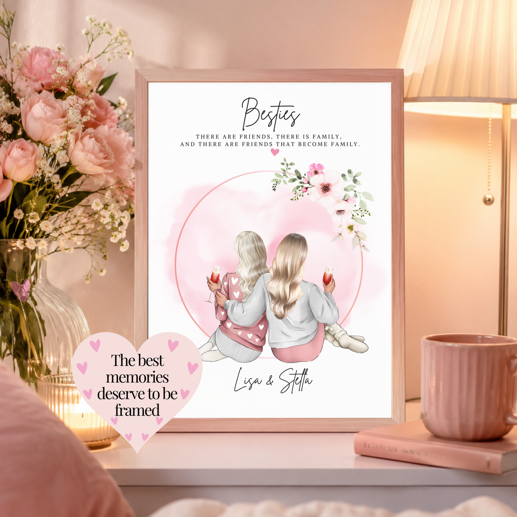 Personalised best friend print featuring four besties with custom hairstyles, outfits and names. A meaningful best friend gift.