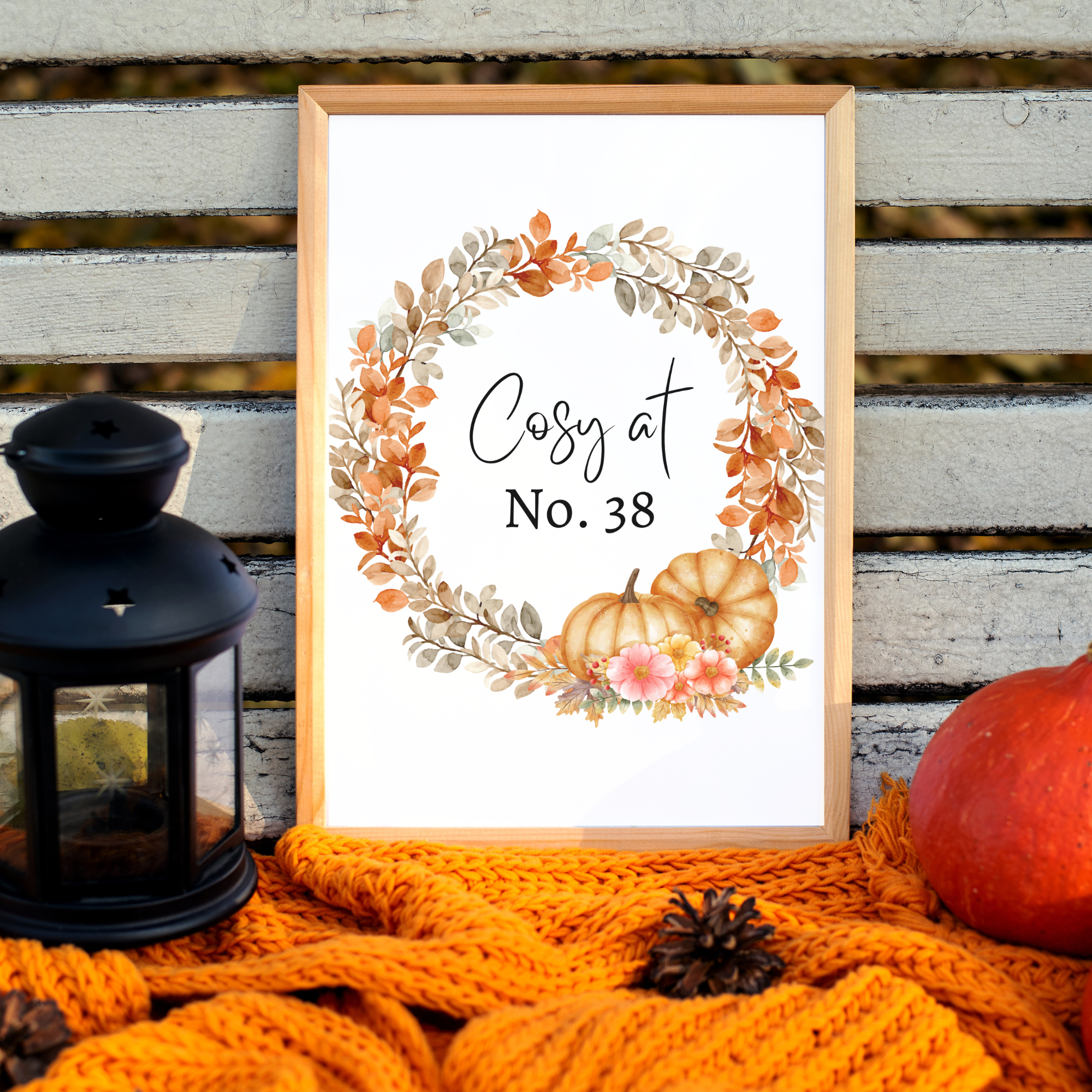 Personalised autumn home decor print with house number and cosy wreath, cosy seasonal wall art. 