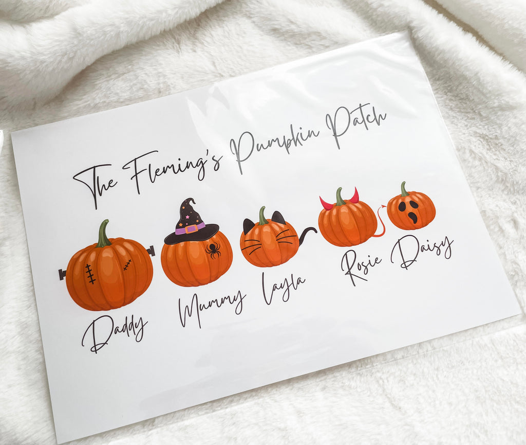 Personalised pumpkin patch family wall art with custom family names and autumn pumpkin designs. Personalised pumpkin print.