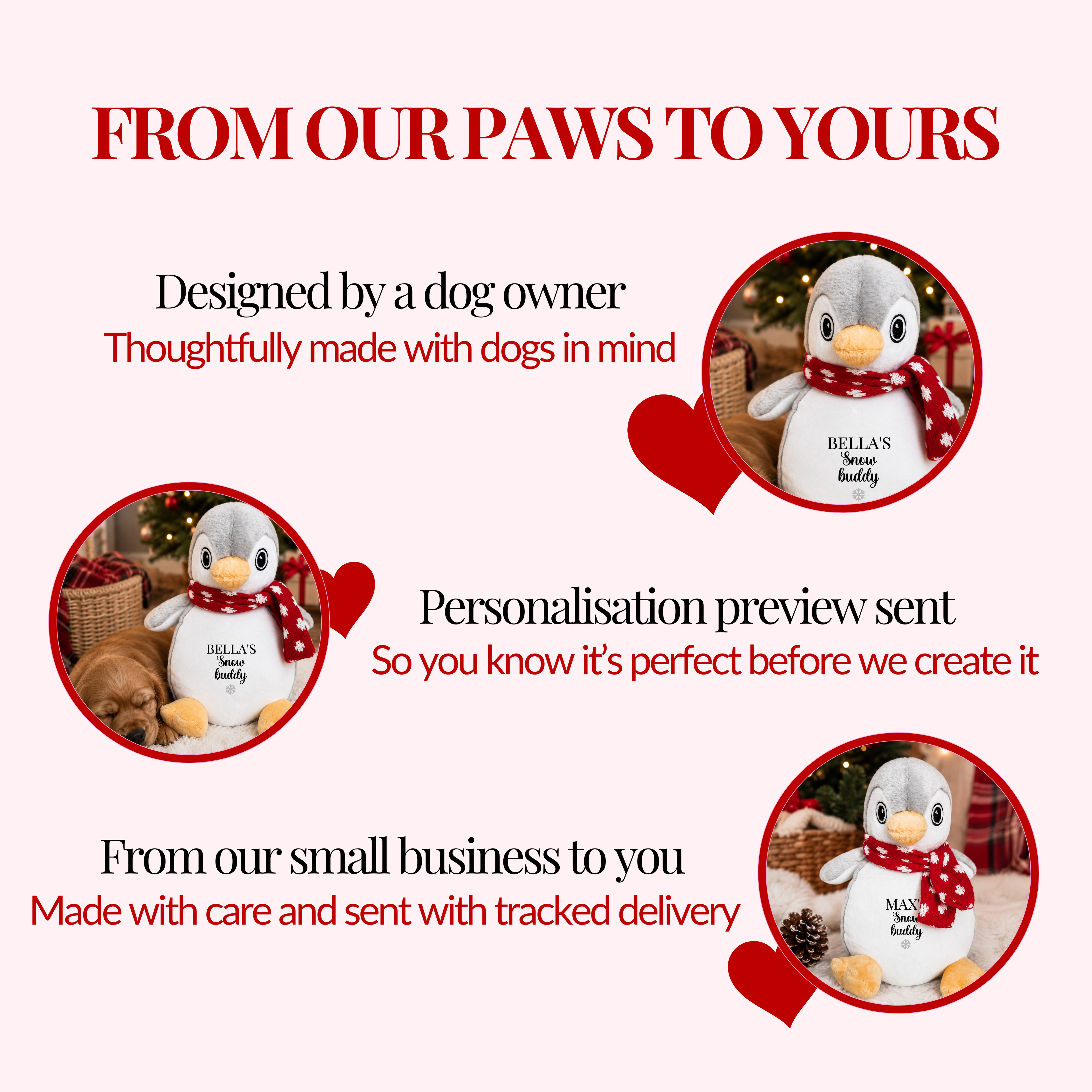 Why shop with Paws & Peonies personalised dog gifts, lovingly designed by a dog owner with design preview and sent with tracked delivery.