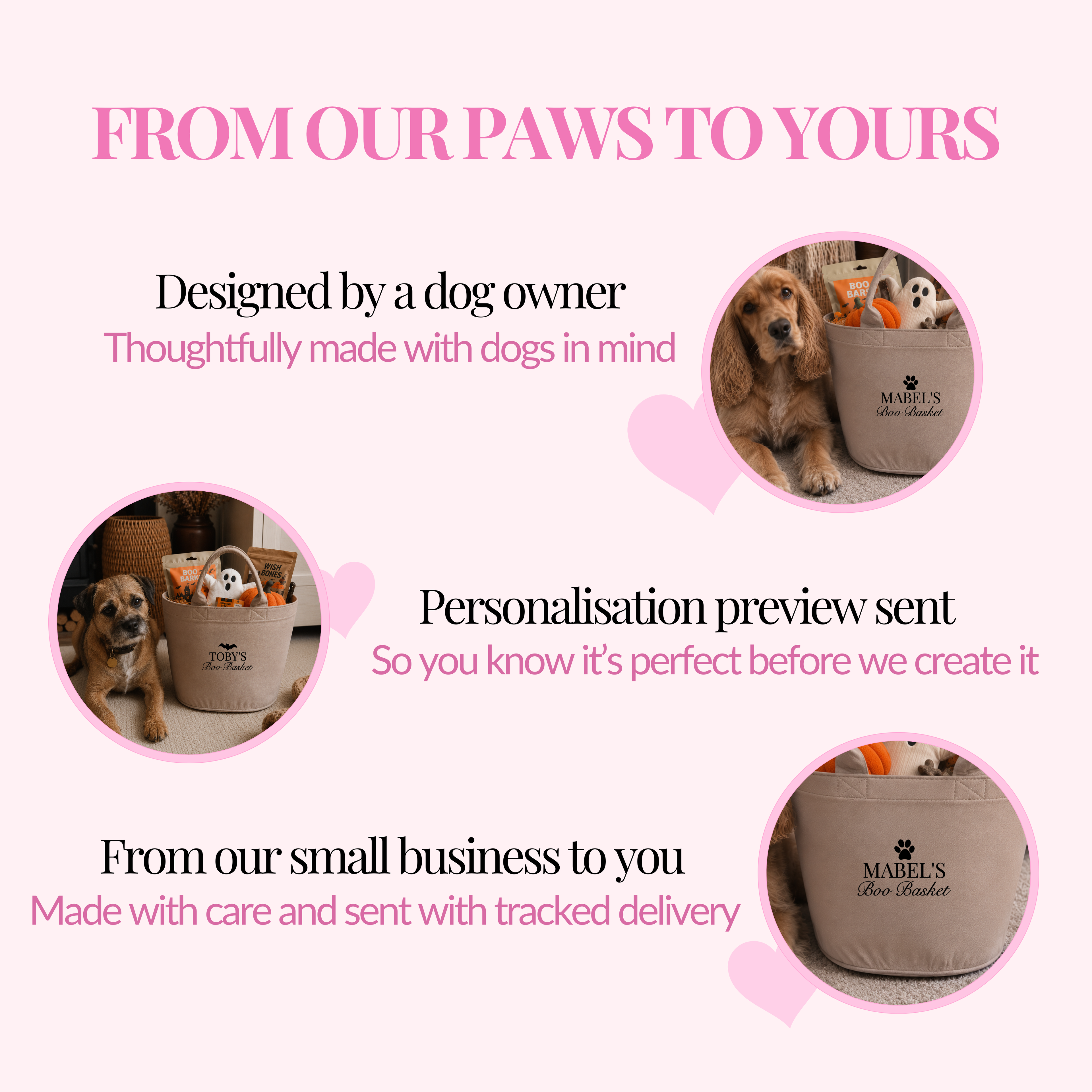 Why shop with Paws & Peonies personalised dog gifts, designed by a dog owner, design preview before making and tracked uk delivery.
