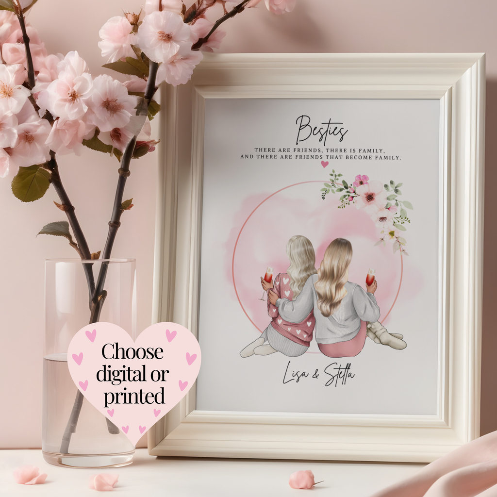 Personalised besties print available as an emailed or professionally printed version. Custom friendship gift for besties.